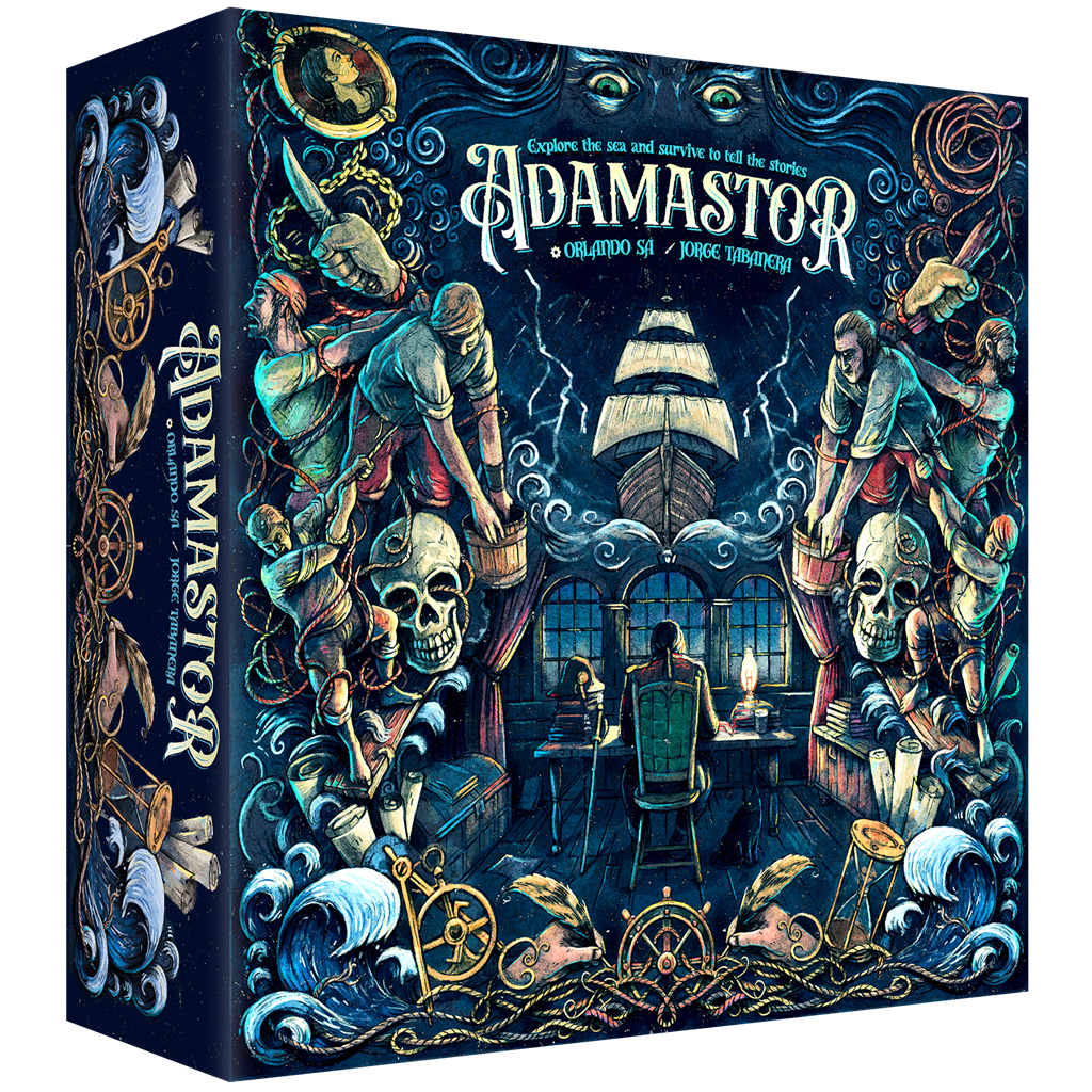 La caja del juego de mesa 'Adamastor' representa un barco en el mar con marineros, calaveras y una figura en un escritorio, todo en una ilustración oscura y estilizada.
