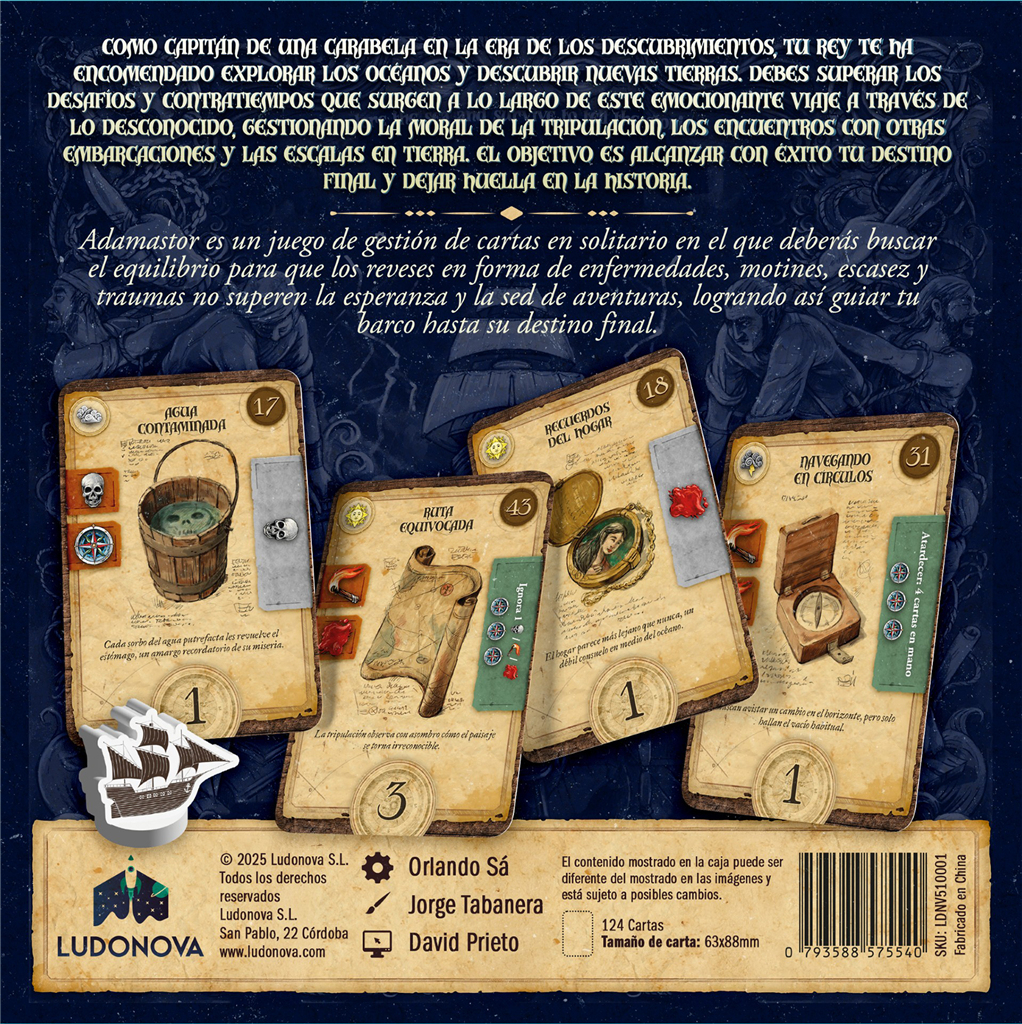 Cartas de juego con ilustraciones de calavera, mapa, brújula y retrato. Texto en español, con ilustración de barco.