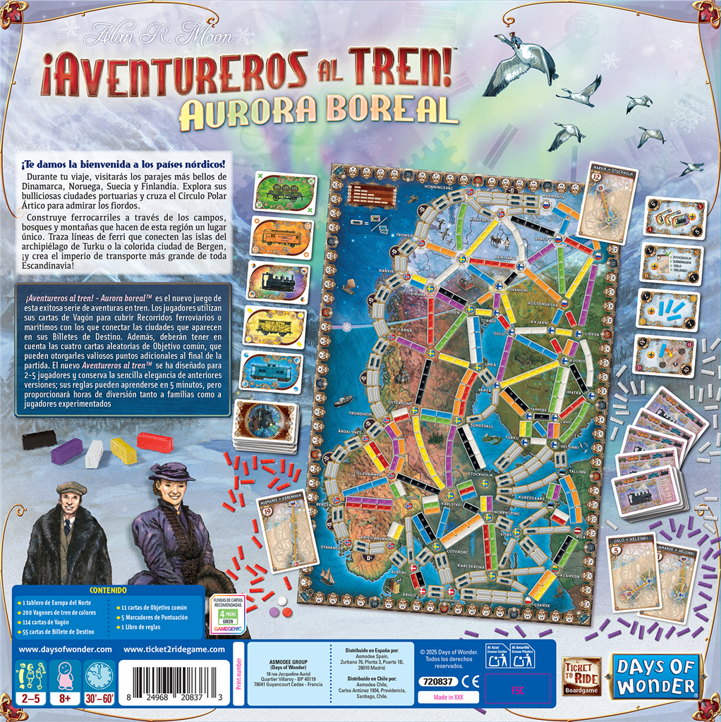 Caja de juego de mesa con mapa, trenes y cartas. Incluye el nombre del juego e ilustraciones de personas.