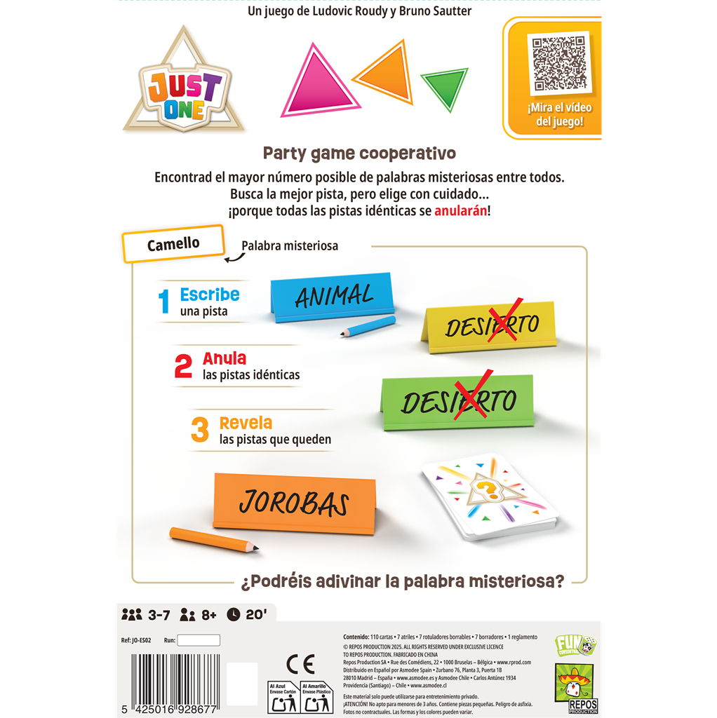 Caja del juego con el logo 'Just One', formas coloridas e instrucciones. Texto en español, cartas y marcadores visibles.