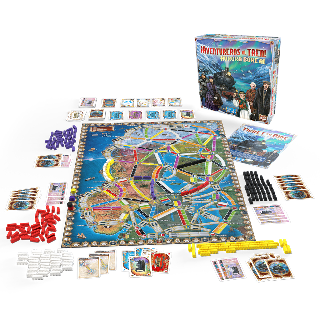 Juego de mesa Ticket to Ride. Incluye tablero, cartas, piezas de tren y caja con ilustraciones de tren y personas.