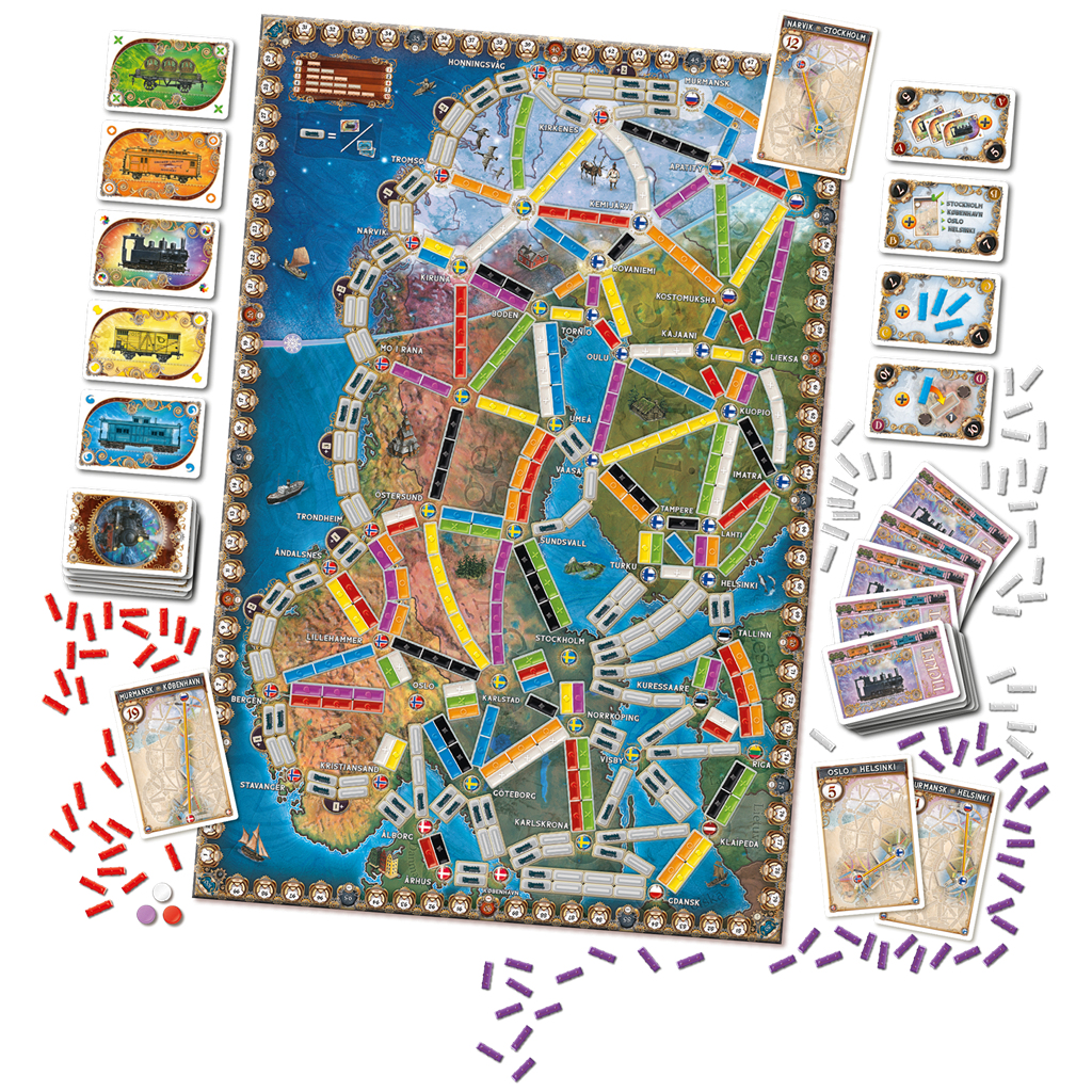 Se muestra el juego Ticket to Ride. Tiene un mapa de Europa, cartas de tren, billetes de destino y piezas de tren de colores.