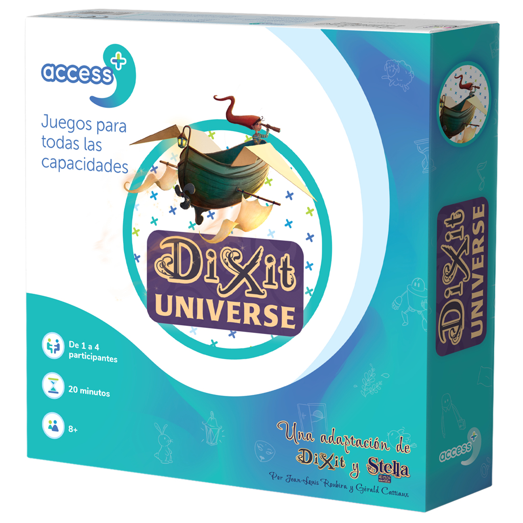 Grafika pudełka do gry Dixit Universe. Przedstawia łódź ze skrzydłami i osobę, z tytułem gry oraz informacjami o graczach i czasie.