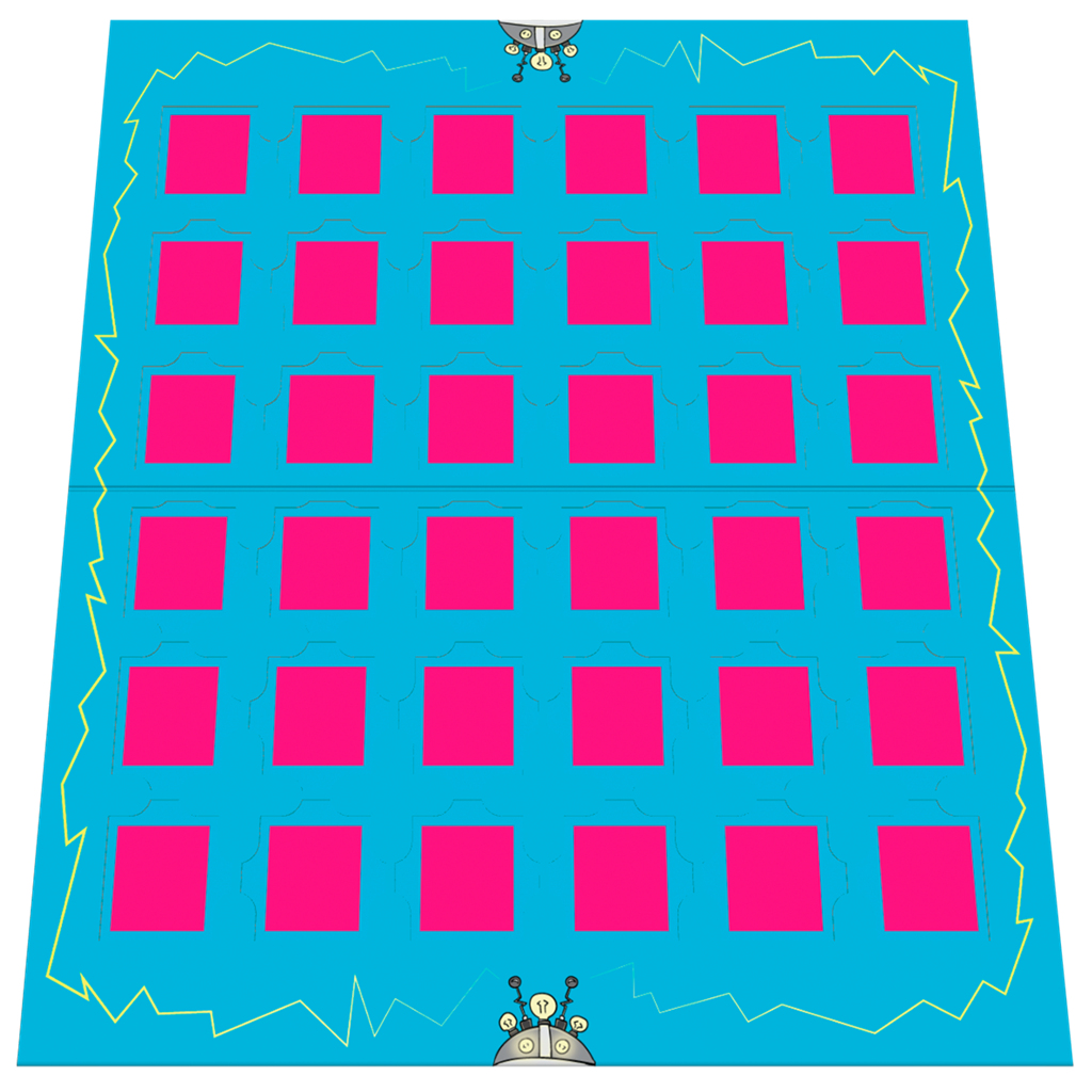 Ein Spielbrett mit blauem Hintergrund und rosa Quadraten. Gelbe Blitzlinien säumen die Ränder. Zwei außerirdische Figuren oben und unten.