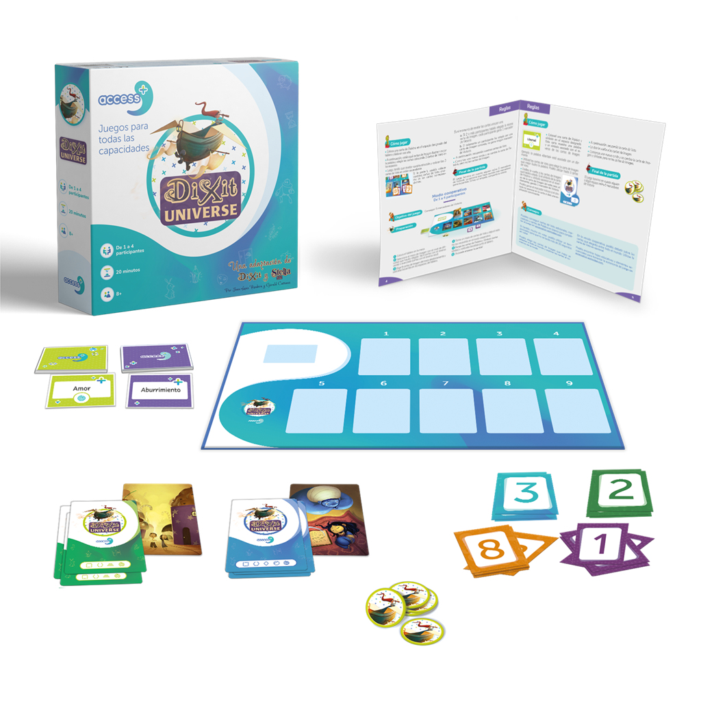 Zestaw gier planszowych Dixit Universe. Widoczne pudełko, karty, plansza do gry, instrukcja i żetony. Kolory: niebieski, zielony, biały i pomarańczowy.