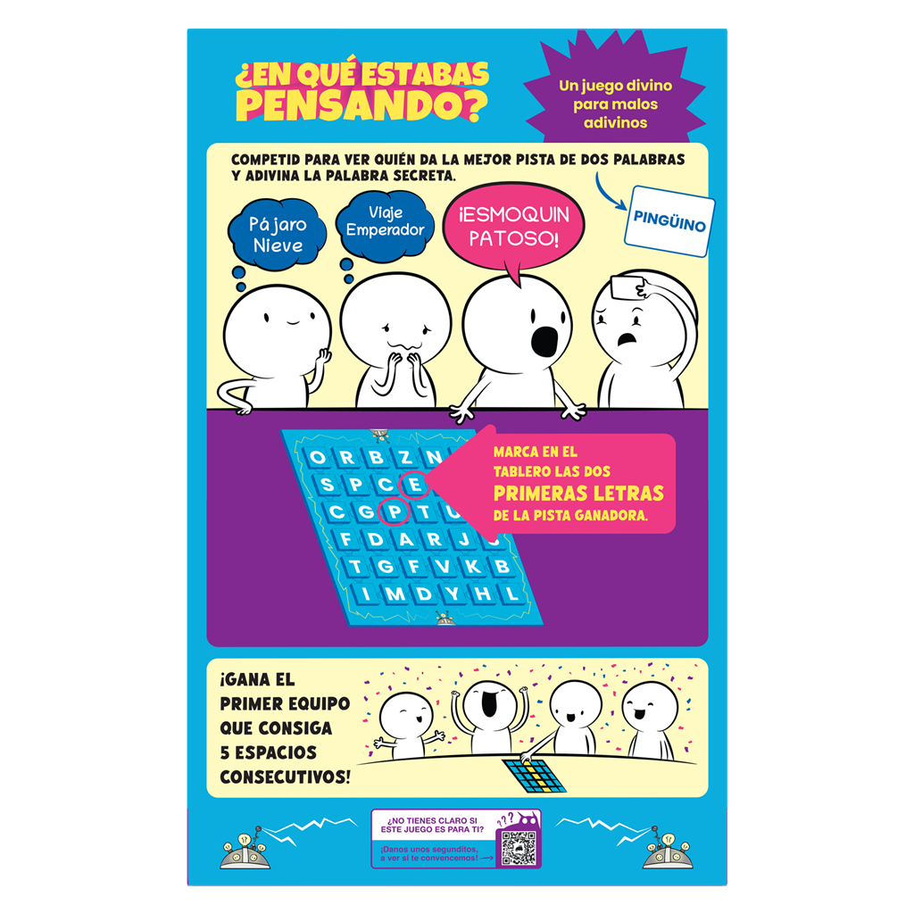 Ein Spielplakat mit Cartoon-Figuren und Sprechblasen, einschließlich Wörtern wie 'Pinguin' und 'Schnee'. Auch ein Spielbrett ist abgebildet.