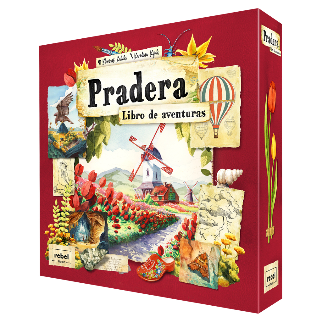 Caja de juego con una escena de molino de viento, flores rojas y un globo aerostático. El título es 'Pradera'. La caja es roja.