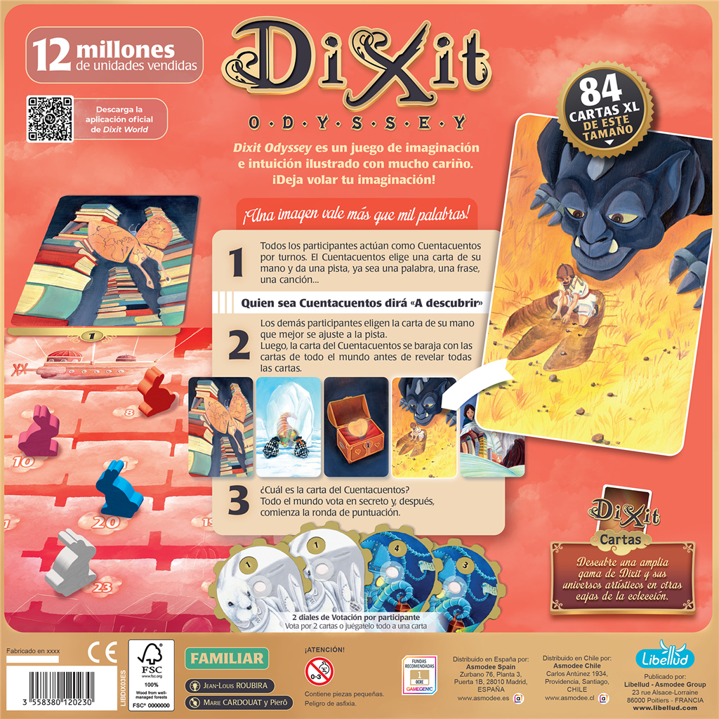 Caja del juego de mesa Dixit. Presenta el nombre del juego, ilustraciones y una descripción. Incluye piezas e instrucciones.