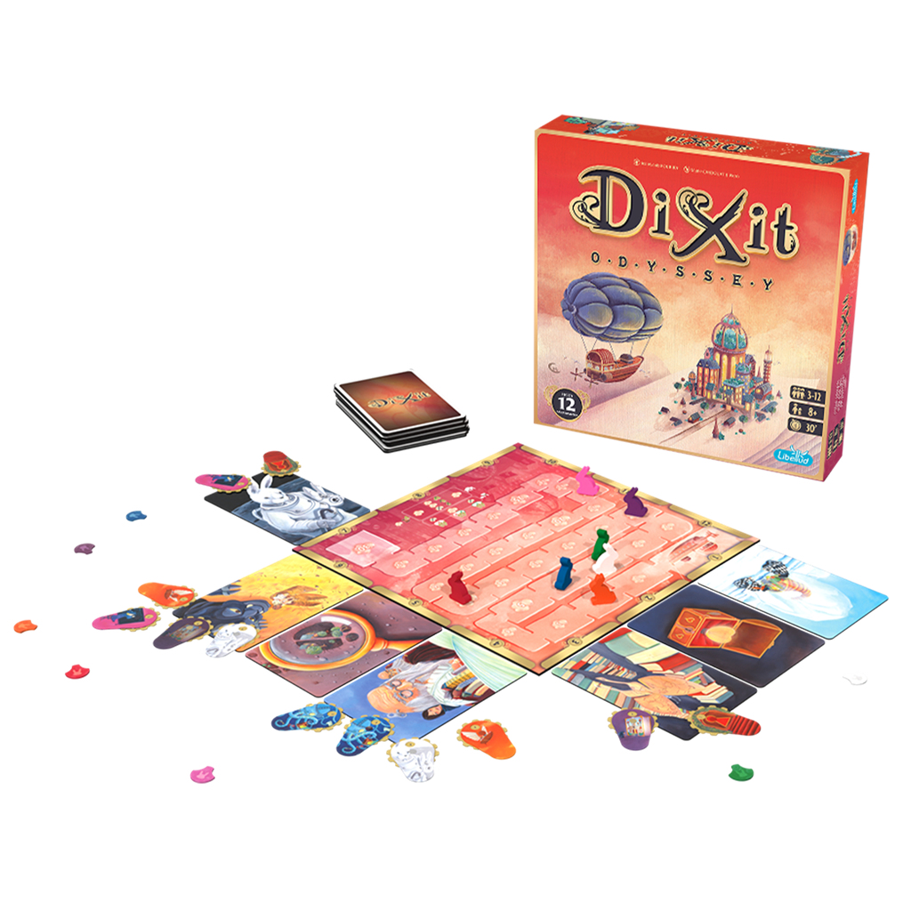 Juego de mesa Dixit. Se ven la caja, las cartas, el tablero y las cartas. Tarjetas de arte coloridas rodean el tablero. Piezas en el tablero.