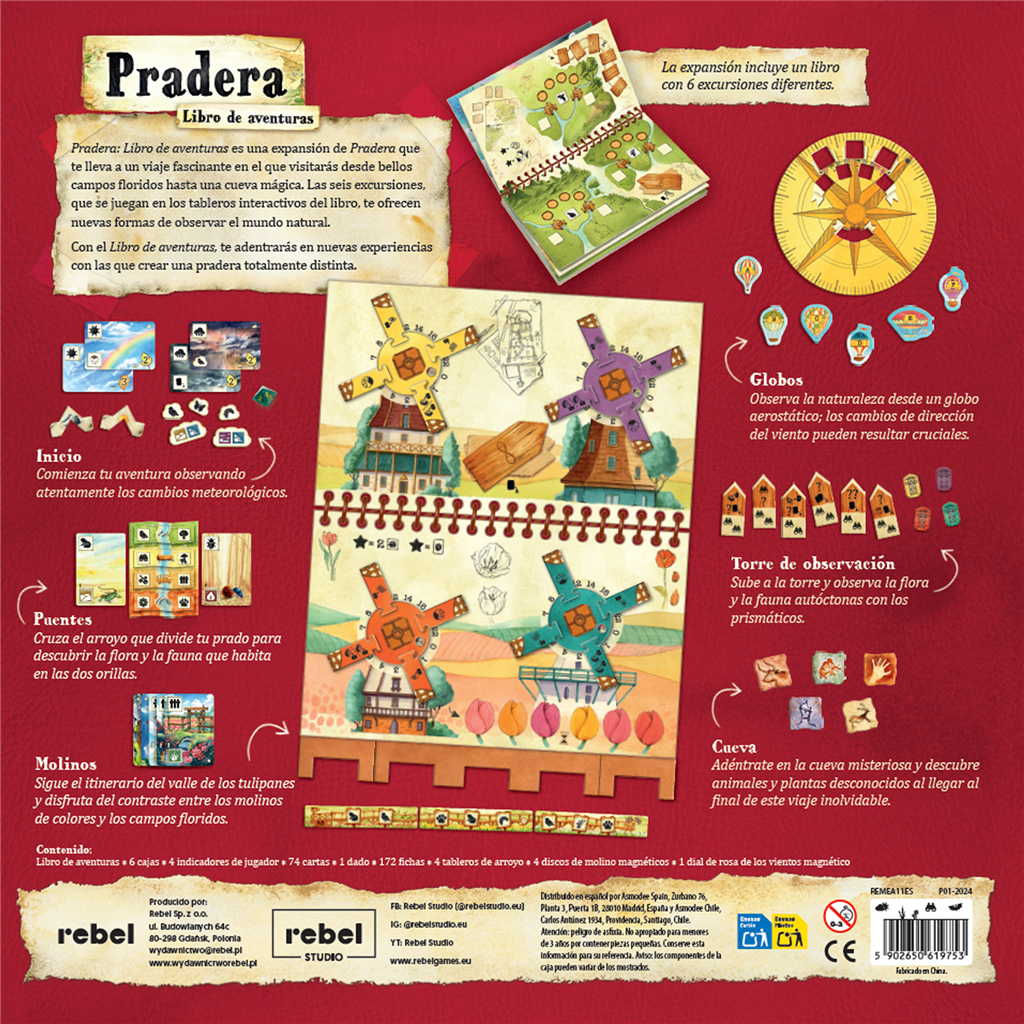 Caja de juego de mesa con molinos de viento, globos, puentes y texto. Incluye componentes e instrucciones.