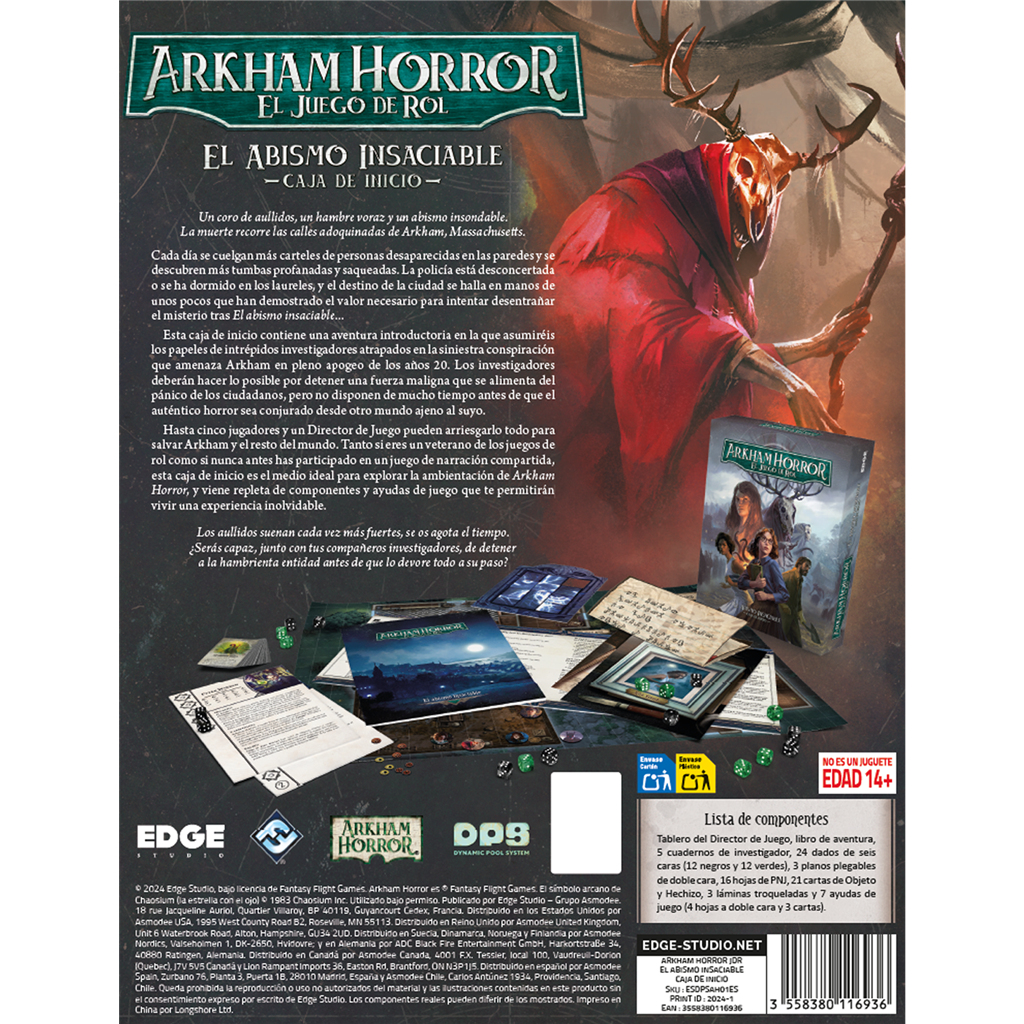 Arte de caja para el juego de rol Arkham Horror. Una figura con túnica y cuernos en la esquina superior derecha.