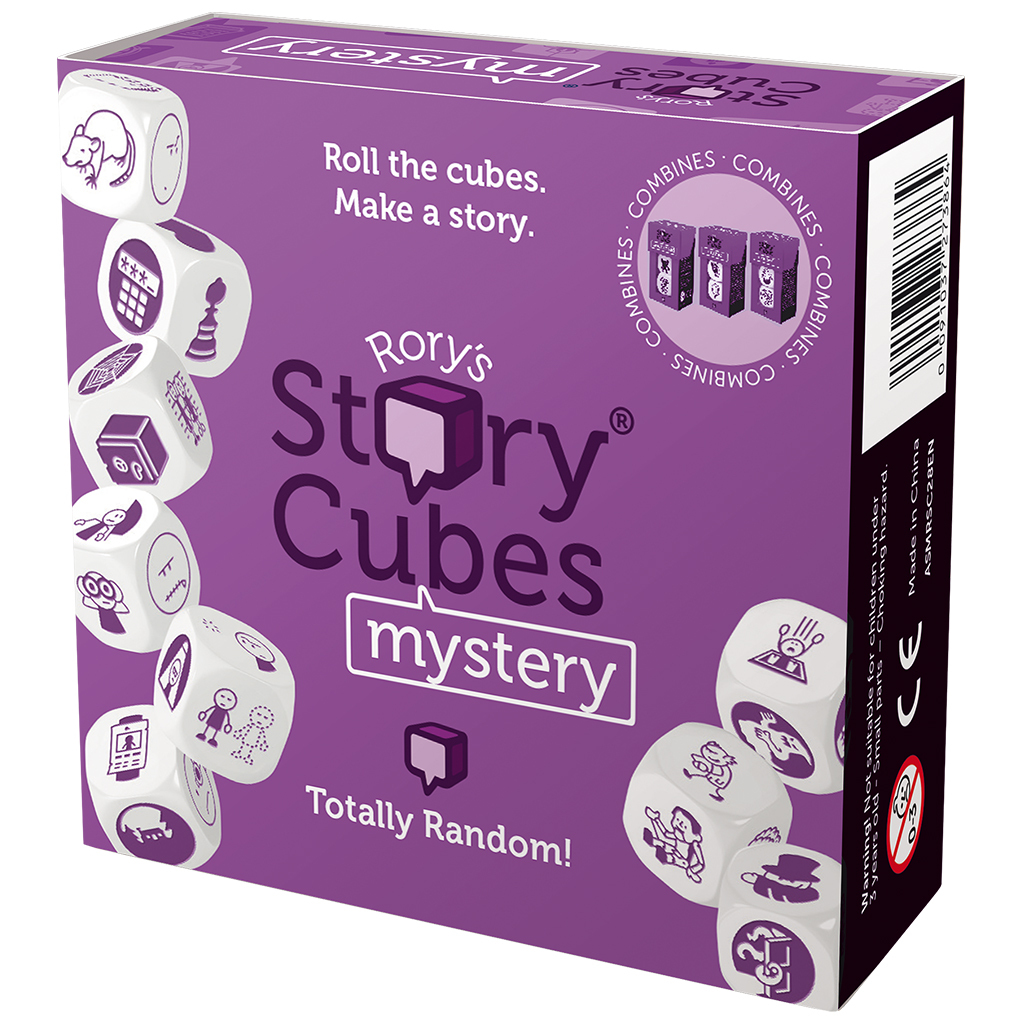 Eine lila Schachtel mit Rory's Story Cubes Mystery. Würfel mit Bildern sind verstreut. Der Text lautet: 'Würfle die Würfel. Erfinde eine Geschichte.'