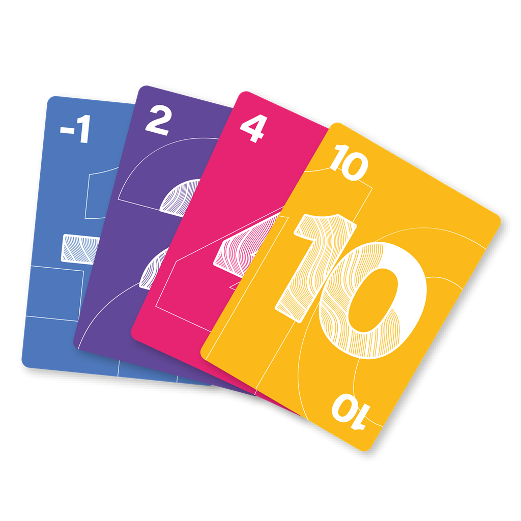 Vier farbige Karten mit den Zahlen -1, 2, 4 und 10. Jede Karte hat eine andere Farbe: blau, lila, rosa bzw. gelb.