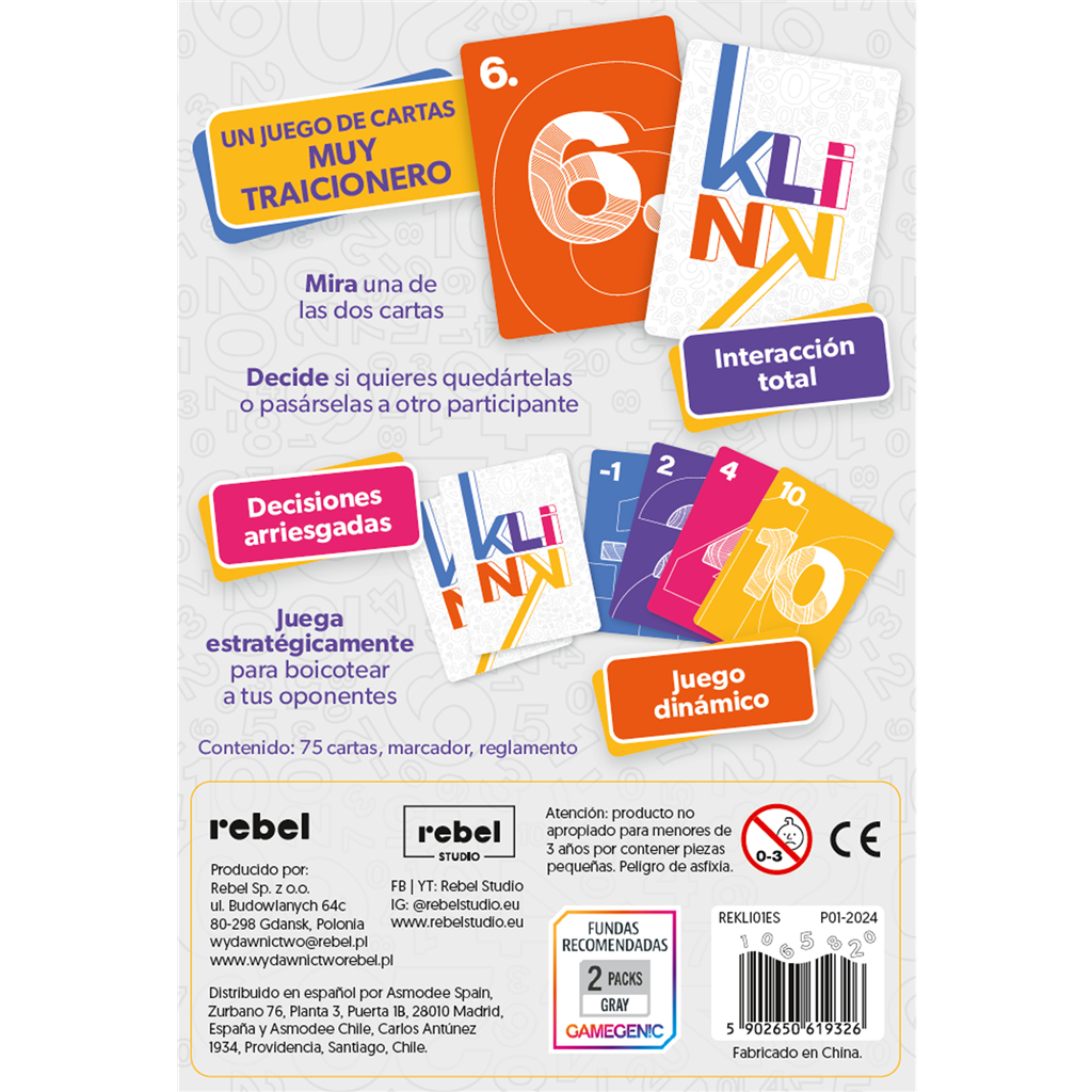Kartenspielbox. Orangefarbene Sechs-Karte, bunte Karten und Text auf Spanisch. Rebel Studio Logo und Produktdetails.