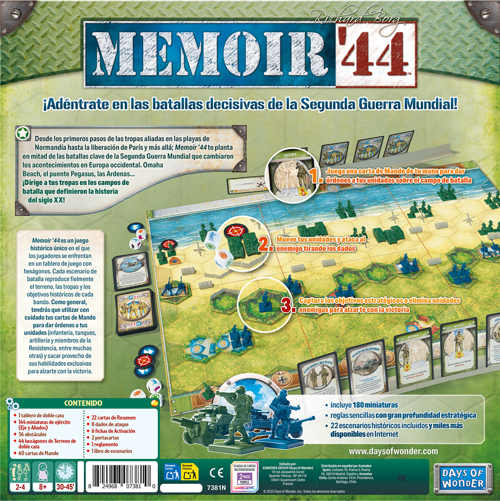 Caja de juego de mesa con el título Memoir '44, mostrando un campo de batalla con soldados en miniatura, tanques y cartas.