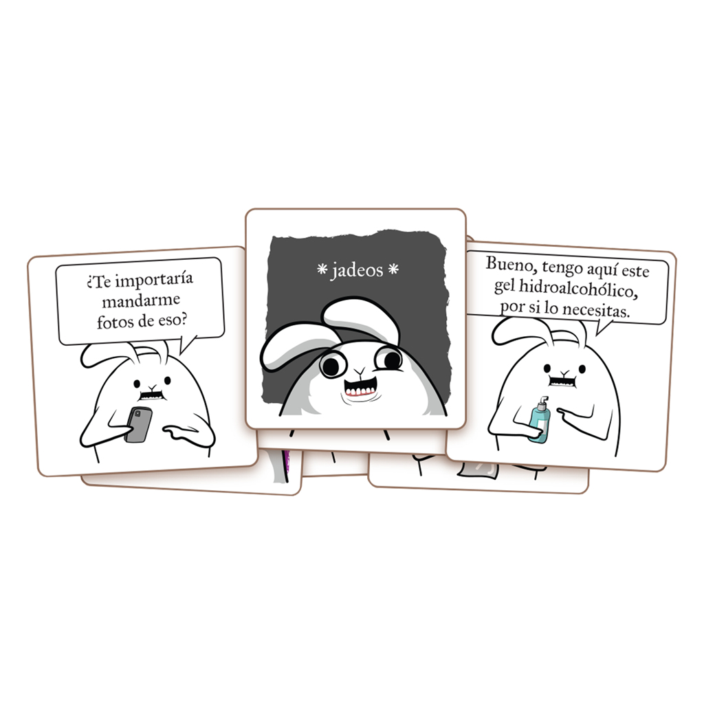 Comic mit drei Hasenfiguren. Einer bittet um Fotos, ein anderer keucht, und der letzte bietet Händedesinfektionsmittel an.