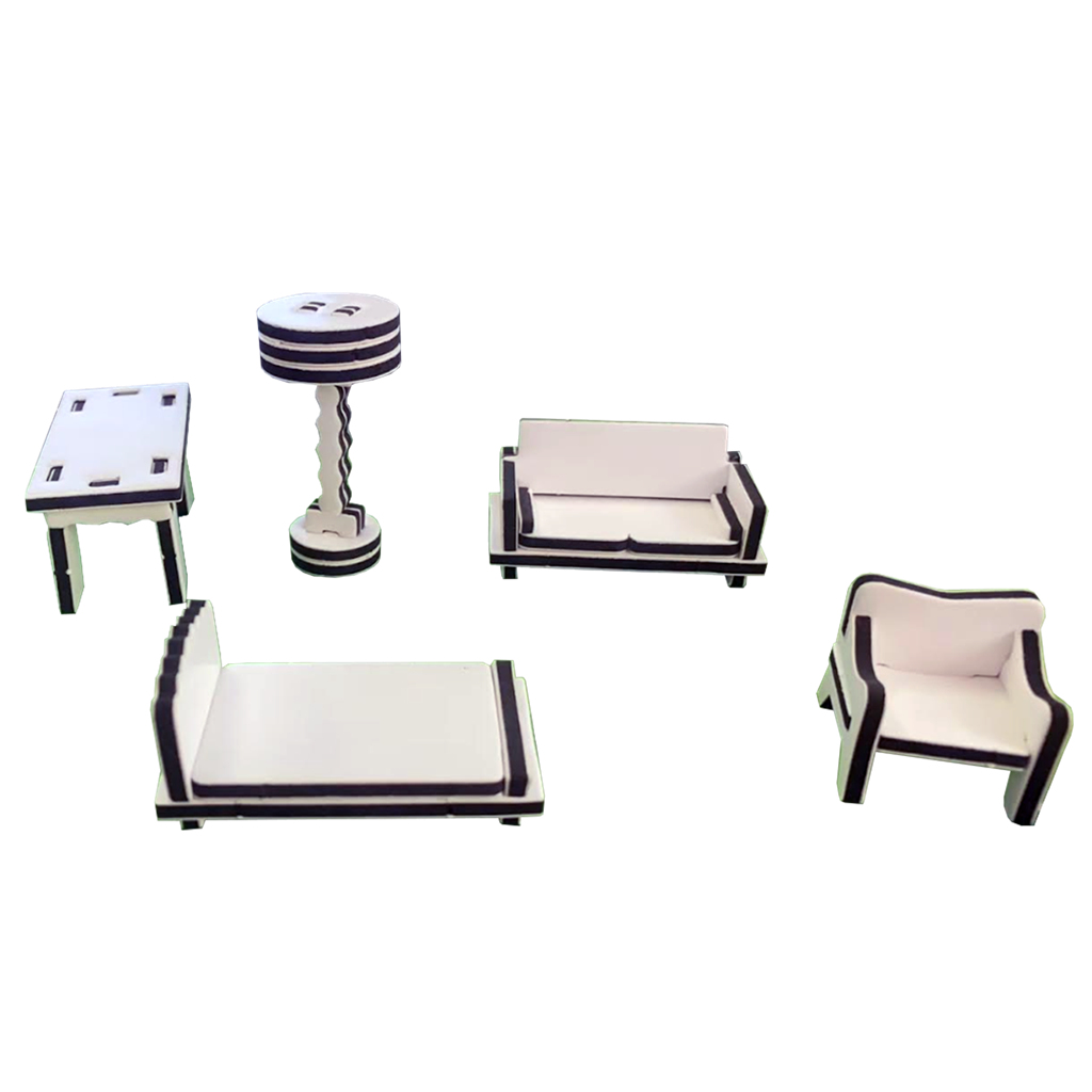 Juego de muebles en miniatura que incluye una mesa, una lámpara, un sofá, una silla y una cama. Todos son blancos con ribete negro.