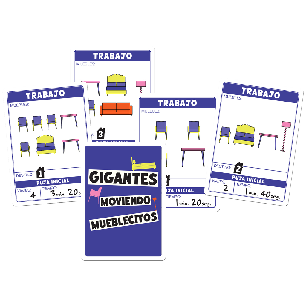 Tarjetas con dibujos de muebles y texto. La tarjeta central dice 'GIGANTES MOVIENDO MUEBLECITOS'. Otras tarjetas muestran conjuntos de muebles.