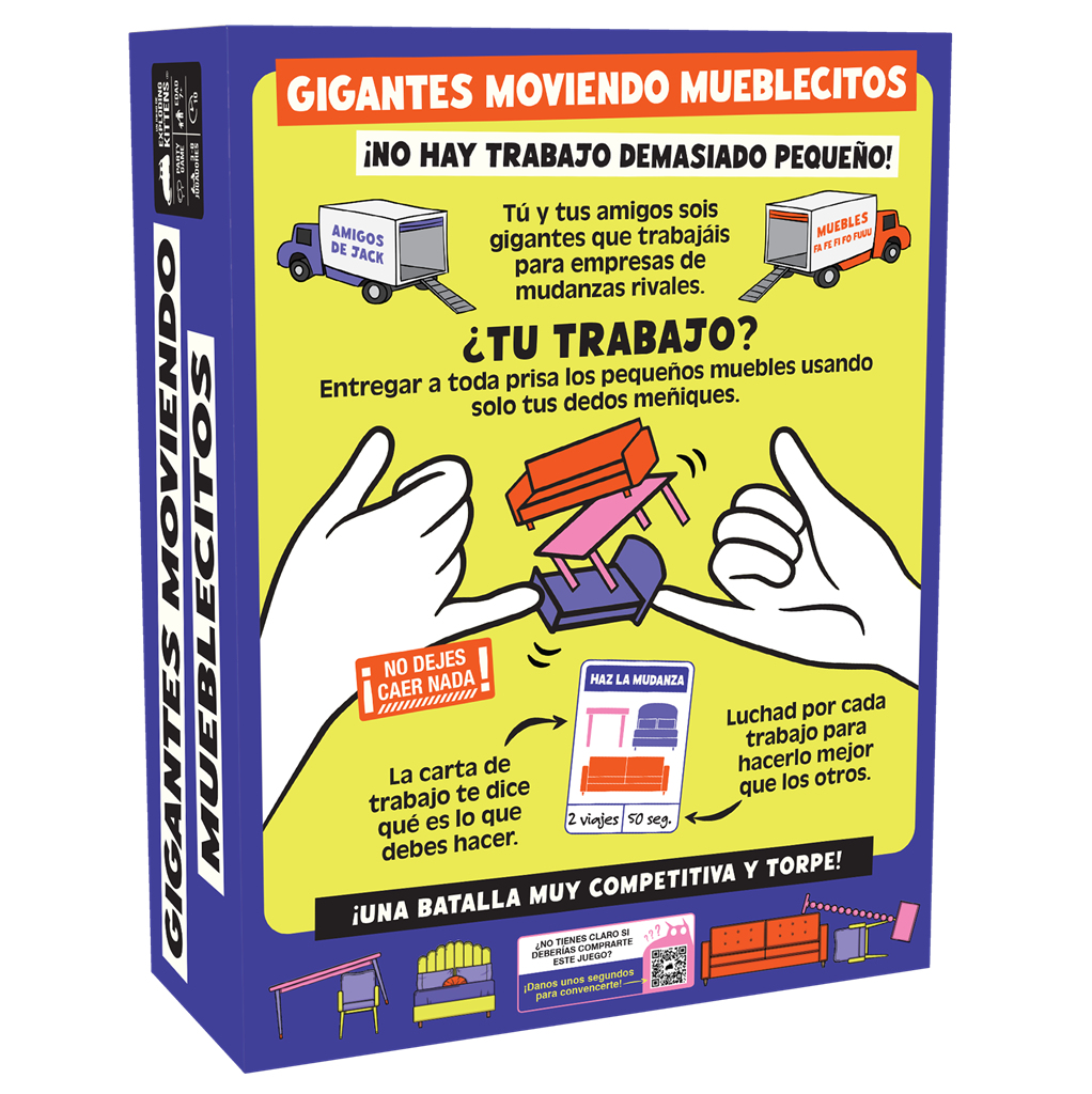 Caja de juego con texto e ilustraciones. Dos manos sostienen muebles de juguete. Camiones y texto en español.