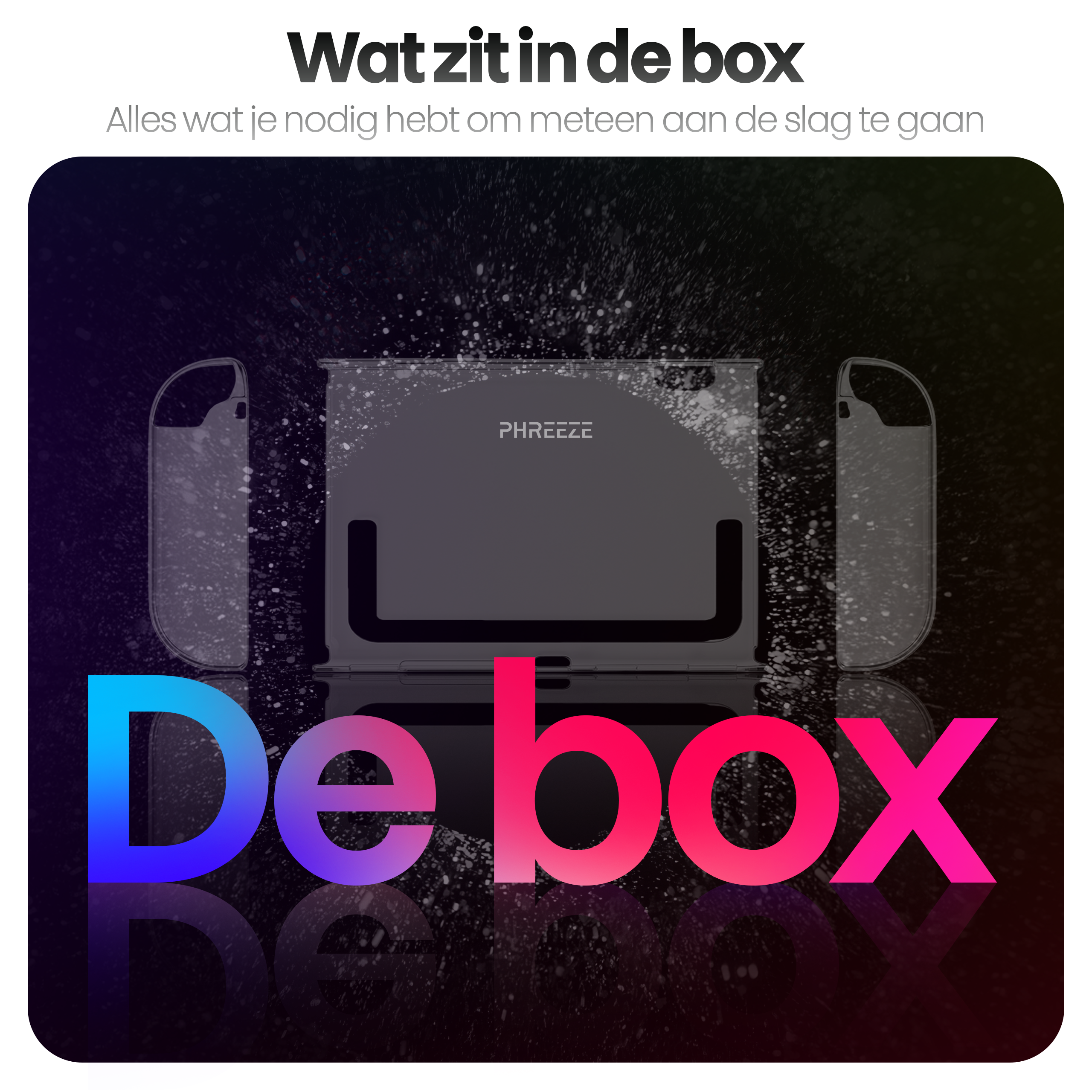 Image with the words 'De box'. A rectangular device and two transparent covers are in the background.