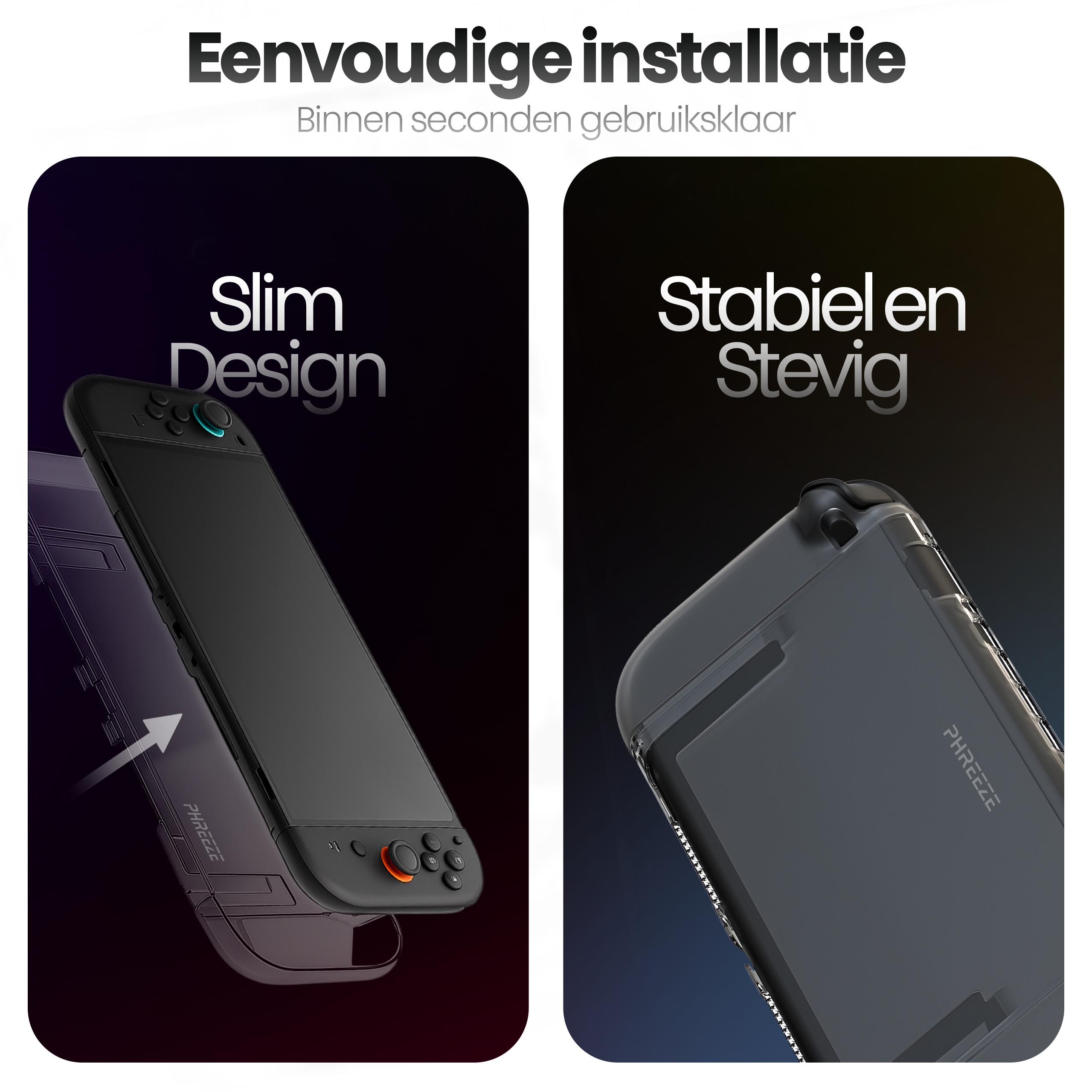 Image shows a black gaming device with a protective case. Text highlights the device's slim design and sturdy build.