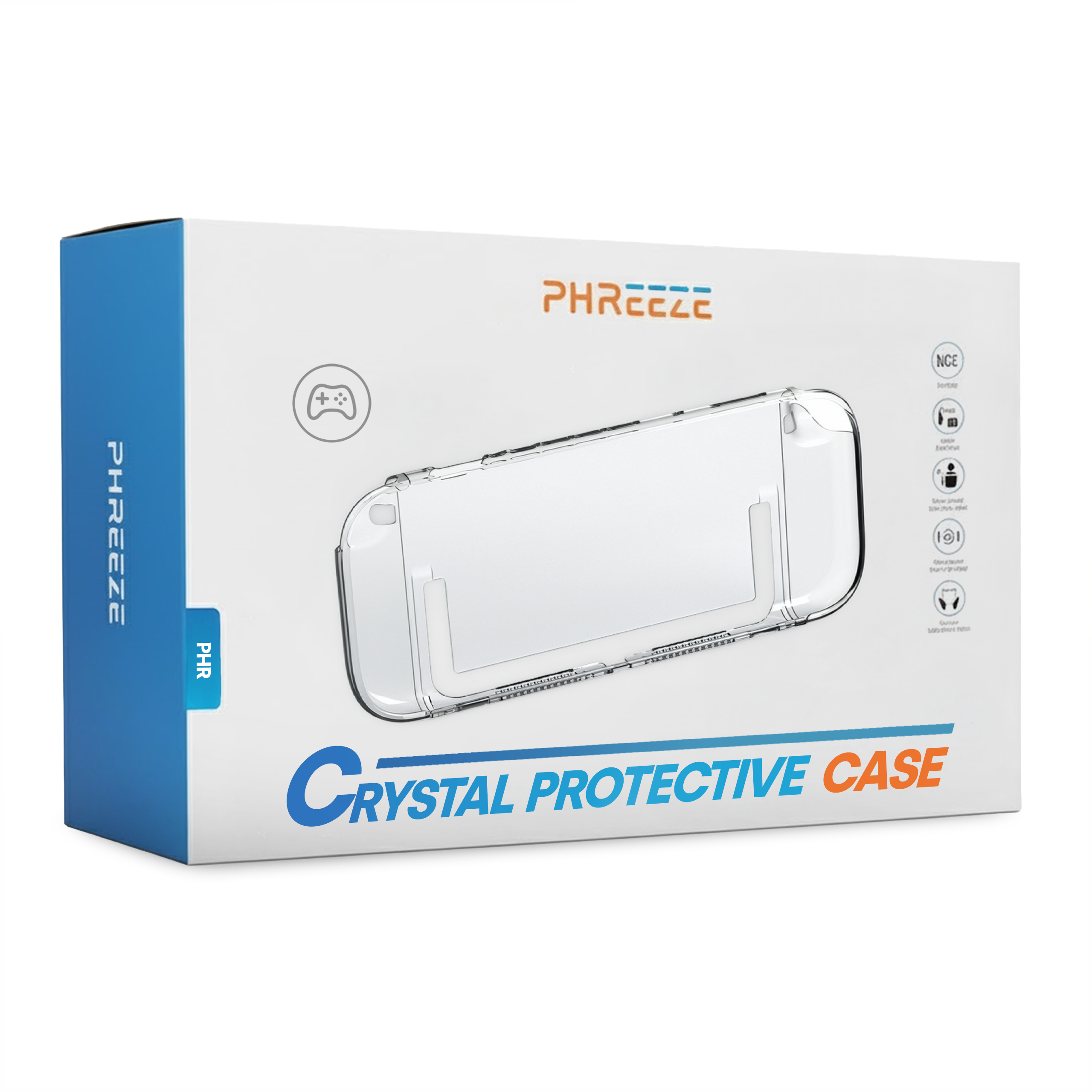 A white box with a clear protective case for a game console. Text: Crystal Protective Case, and the brand name.
