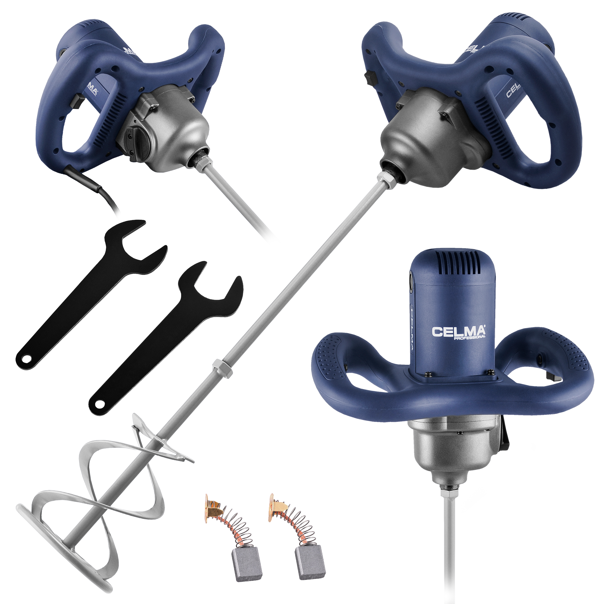 Obraz narzędzi: dwa mieszalniki, klucze i części zamienne. Dominują kolory niebieski i srebrny, białe tło.