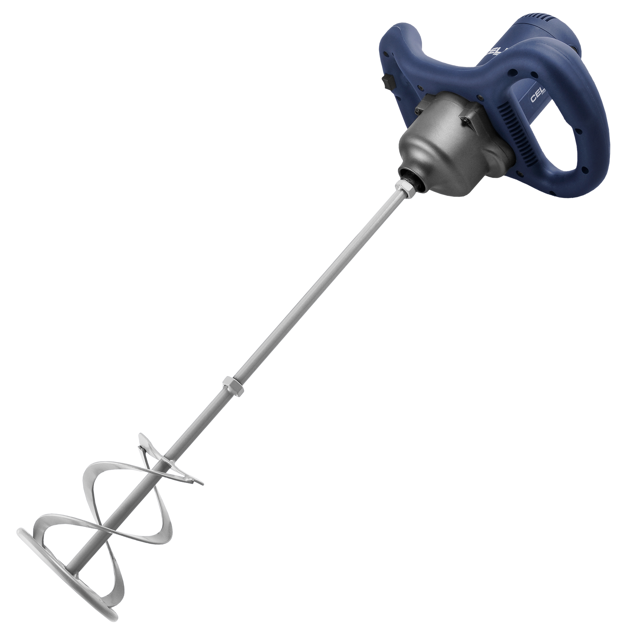 Mieszarka elektryczna z niebieskim uchwytem i srebrną głowicą oraz prętem mieszającym, końcówka mieszająca ma zakrzywione ostrza.