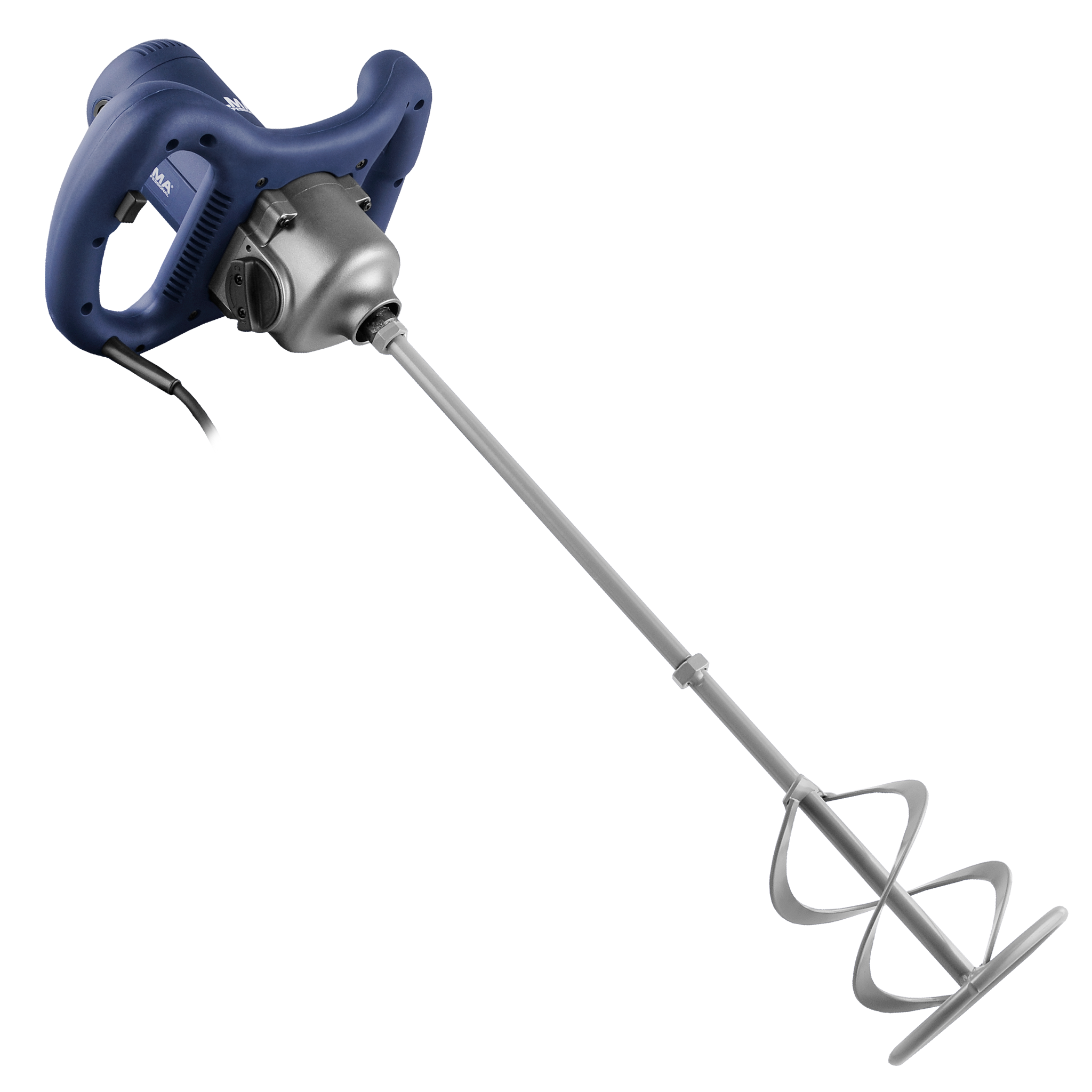 Niebiesko-srebrne narzędzie do mieszania zasilane energią elektryczną, z uchwytem, silnikiem i ostrzami mieszającymi.