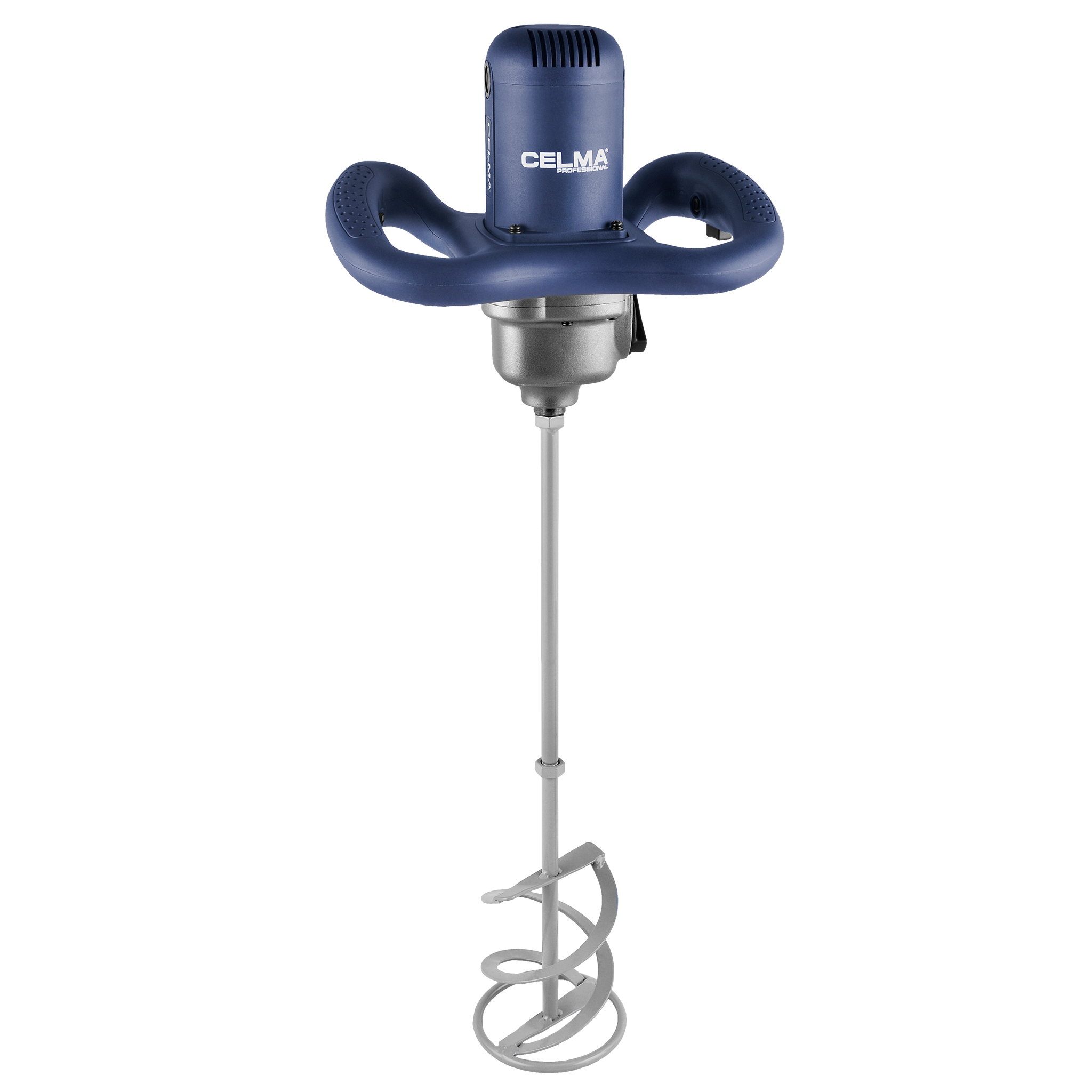 Niebieski i srebrny profesjonalny mikser CELMA. Ma uchwyt i nasadkę do mieszania, na białym tle.