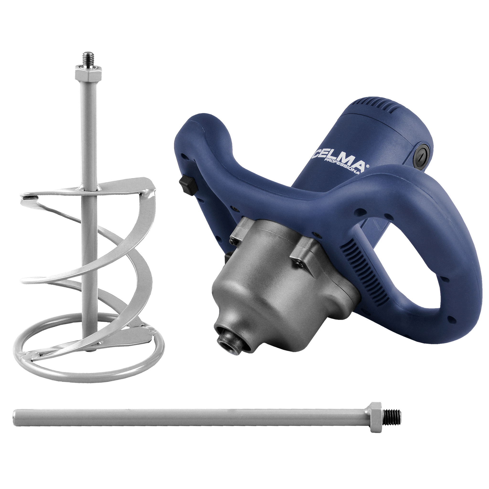 Niebiesko-szara elektryczna mieszarka z nasadkami. Mieszarka jest oznaczona napisem "ELMA PROFESSIONAL".