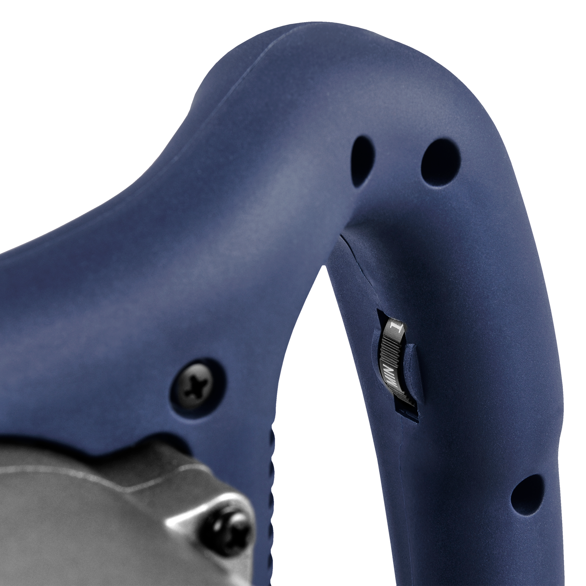 Zbliżenie niebieskiego uchwytu elektronarzędzia z dwoma otworami i pokrętłem. Widoczna jest czarna śruba.