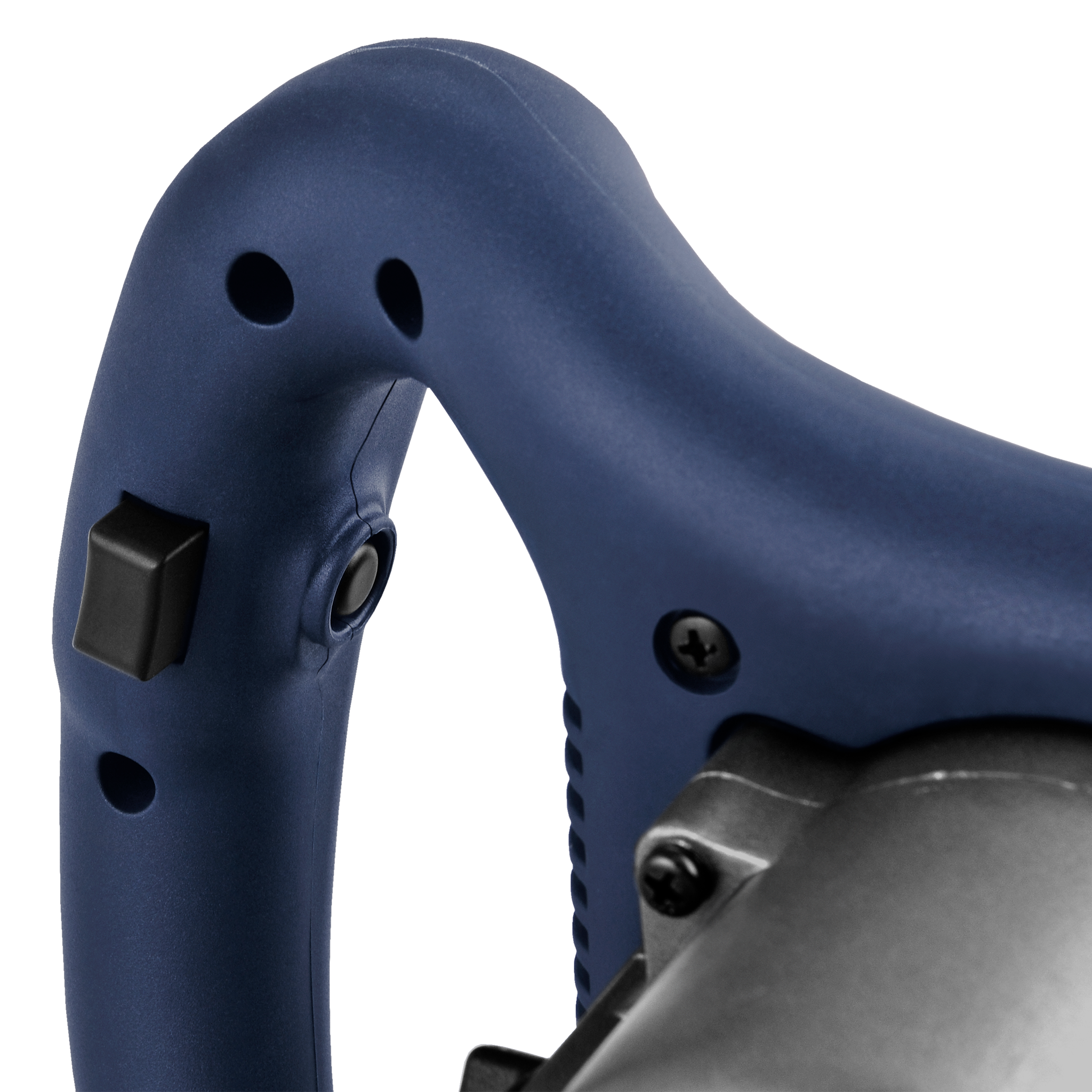 Zbliżenie niebieskiego uchwytu narzędzia elektrycznego z czarnym przełącznikiem i śrubami. Widoczny jest srebrny korpus narzędzia.