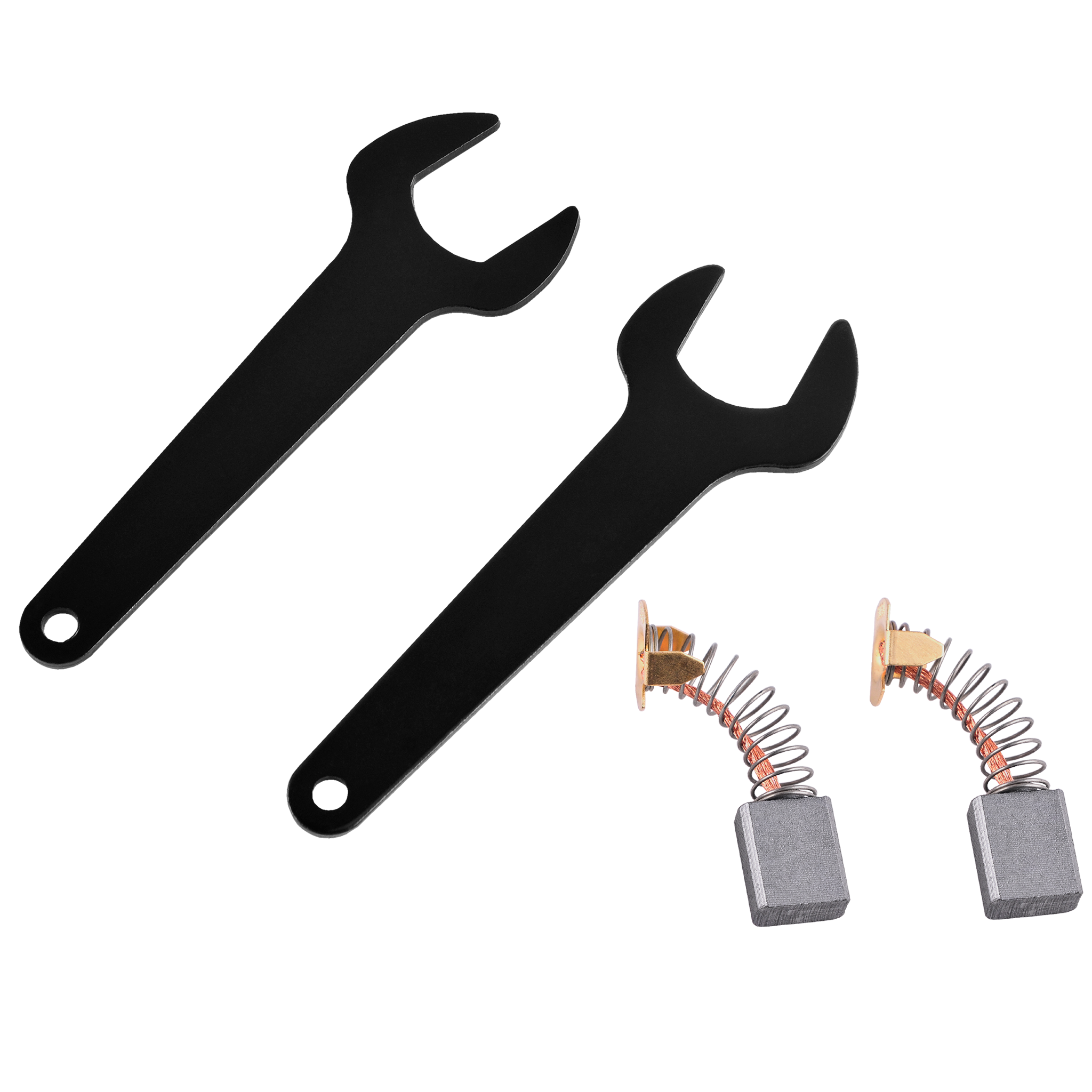 Dwa czarne klucze i dwie szczotki węglowe na białym tle z szarymi cieniami.