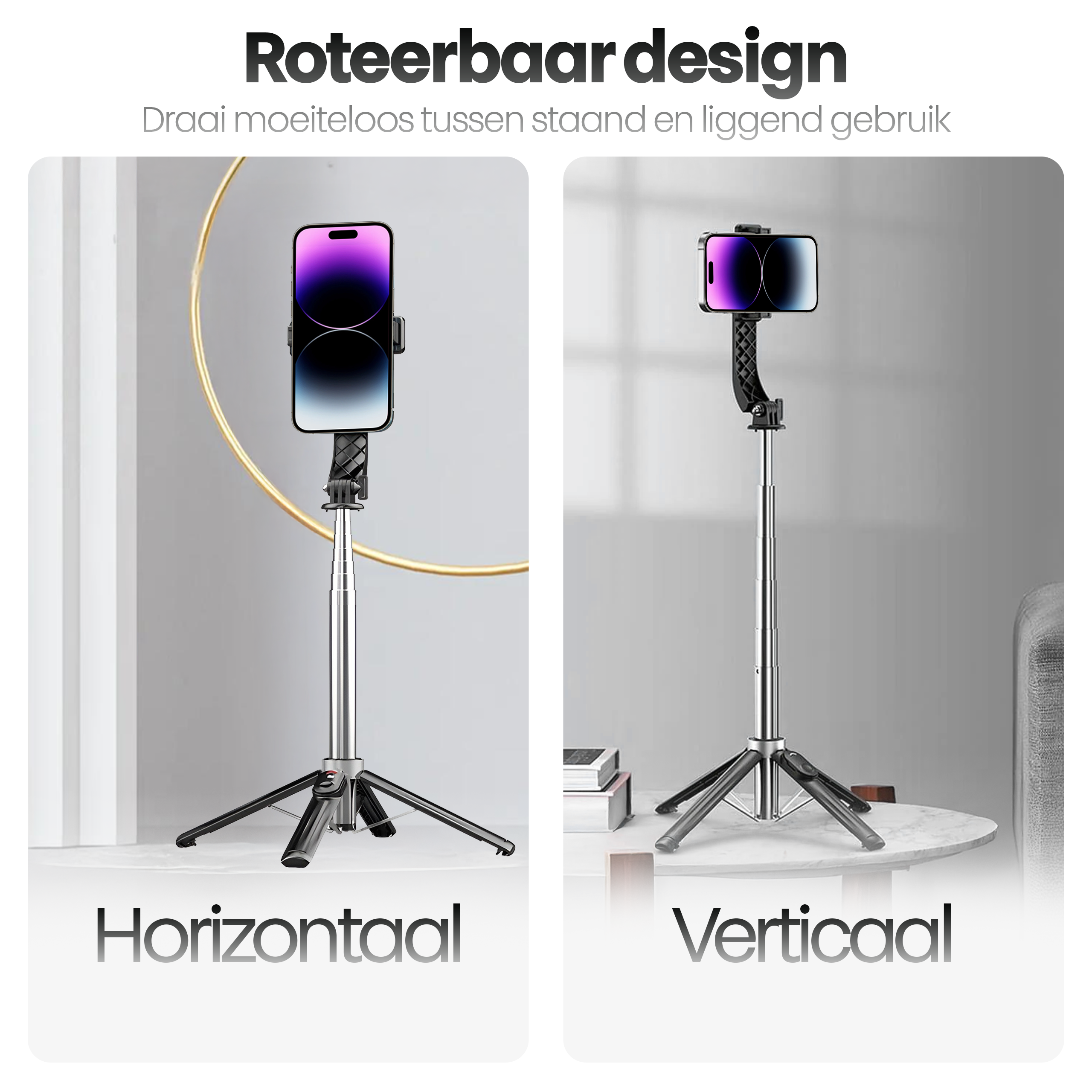 Een telefoon op een statief wordt in twee oriëntaties getoond: horizontaal en verticaal. Het statief is zilver en zwart.