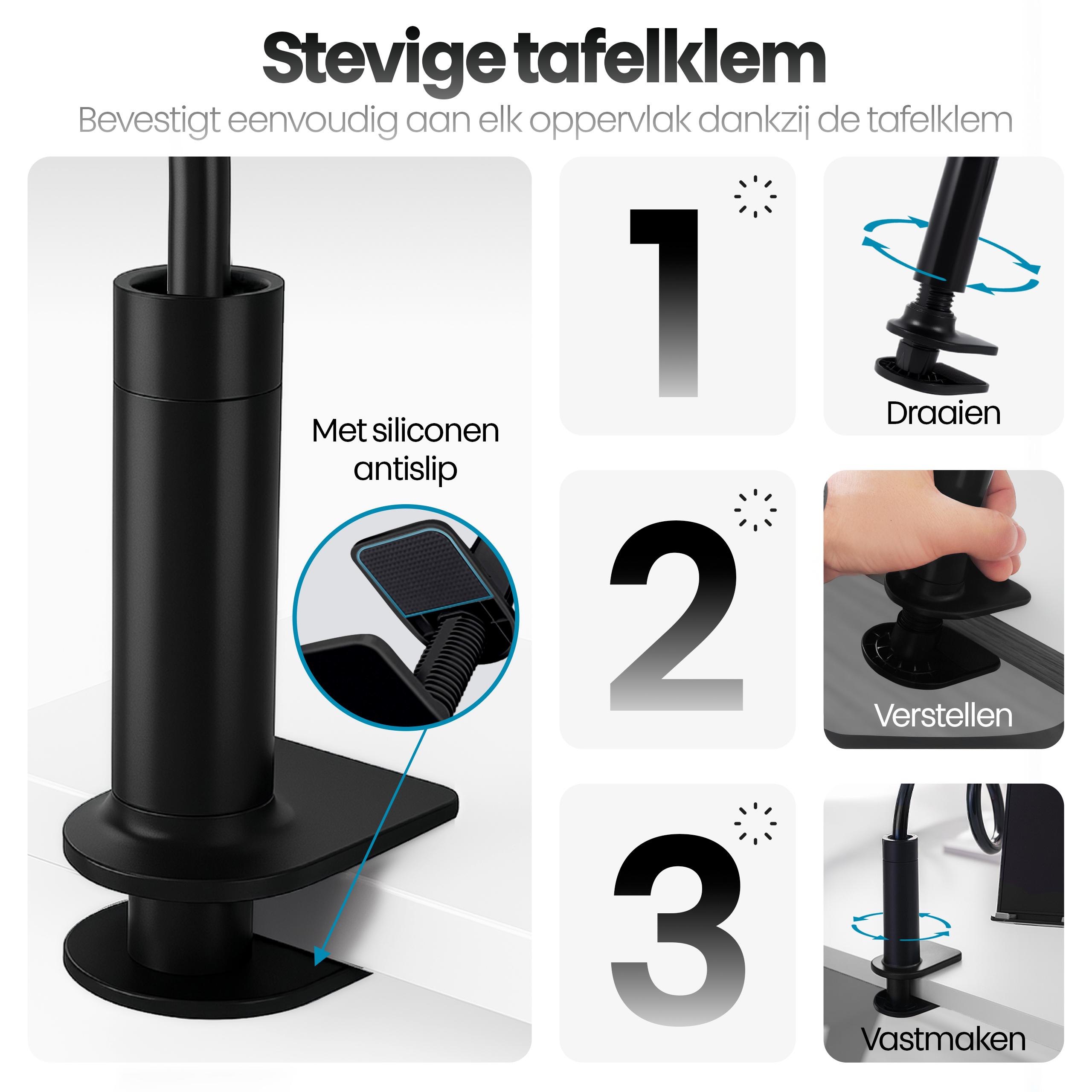 Afbeelding toont een zwarte bureaubeugel met nummers die het installatieproces illustreren.
