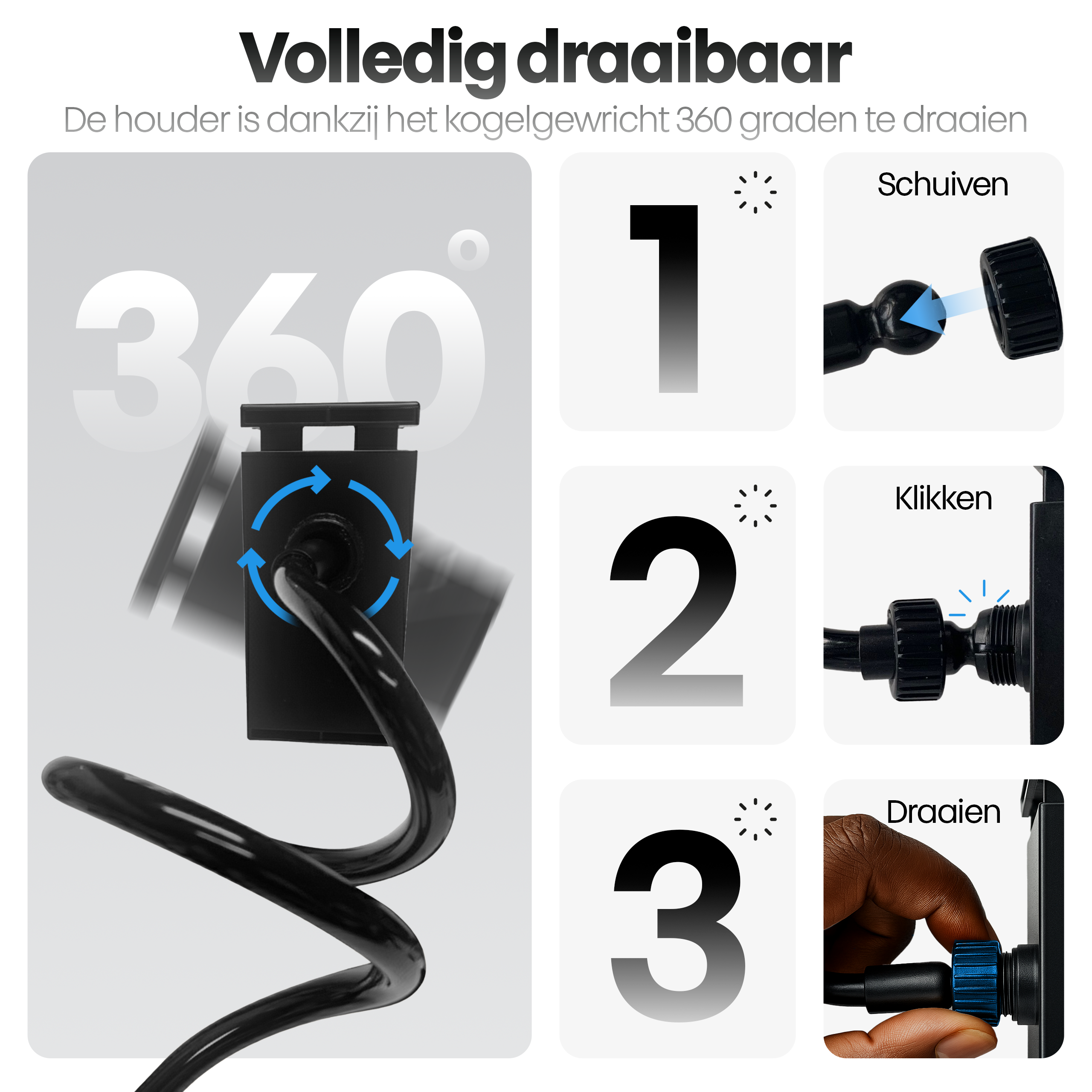 Afbeelding toont een zwarte telefoonhouder met 360 graden rotatie. Het heeft een flexibele arm en instructies.