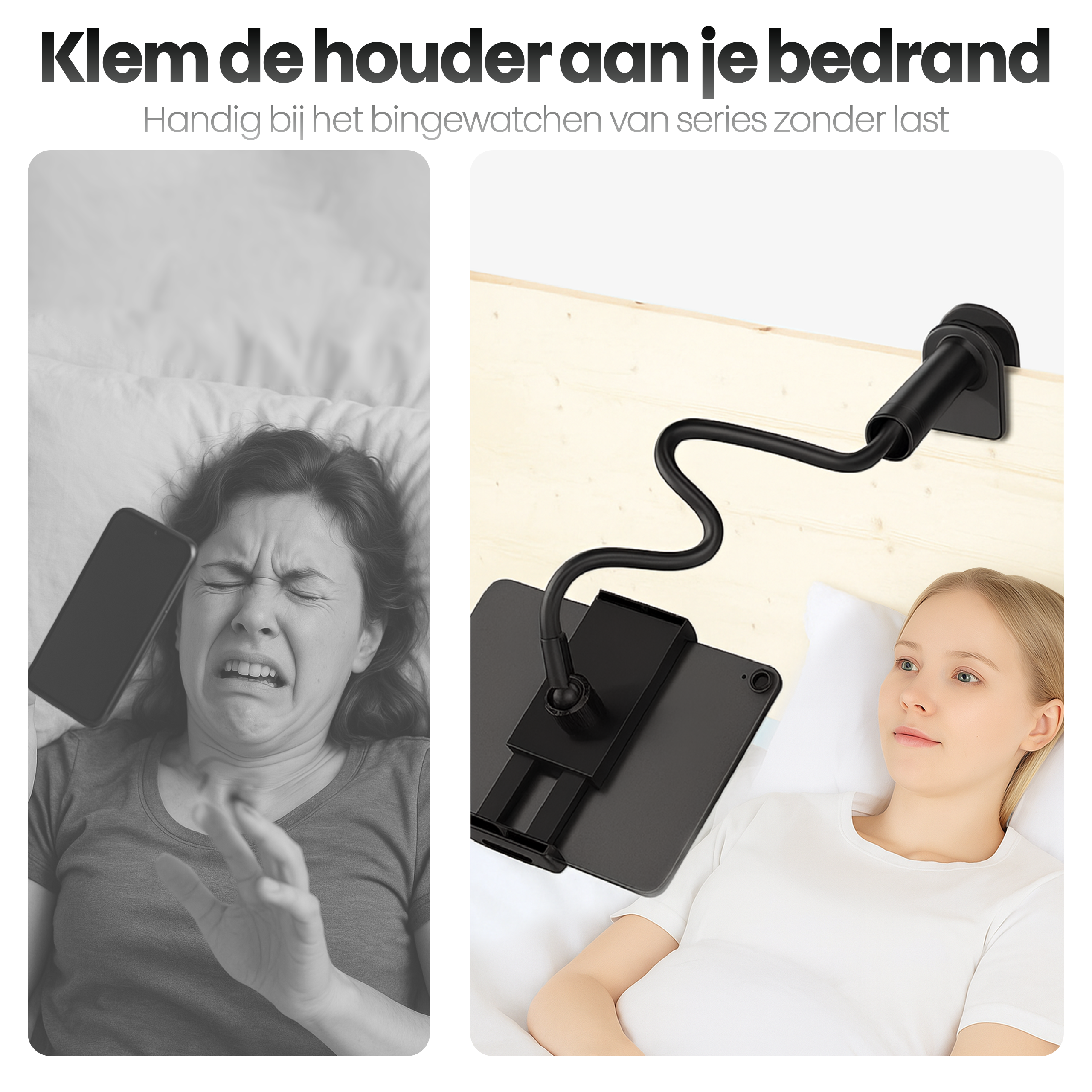 Afbeelding toont een telefoon die op het gezicht van een vrouw valt. Rechts gebruikt een vrouw een tablet op een flexibele arm.