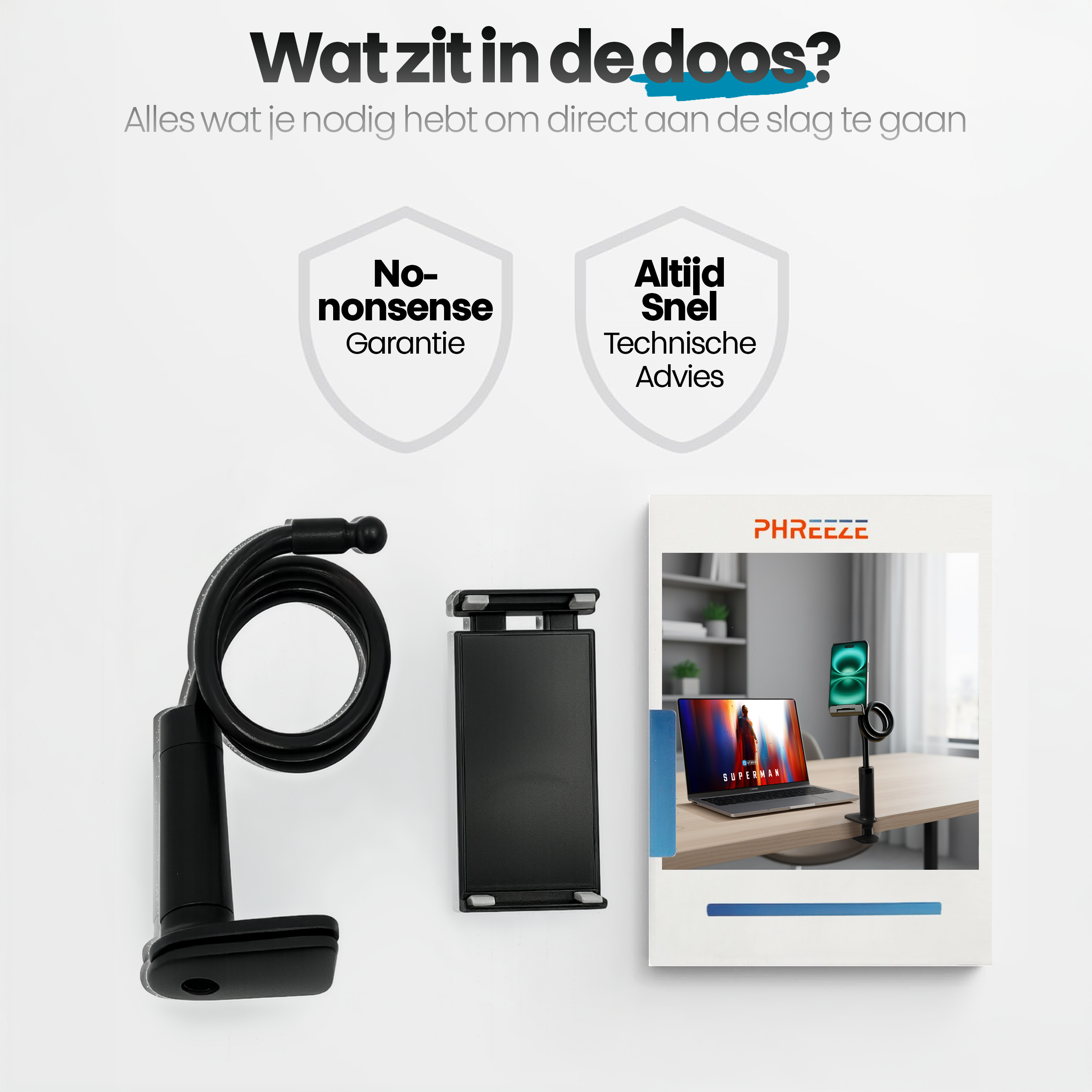 Afbeelding toont een telefoonstandaard, twee schilden met tekst en een productbrochure. De standaard heeft een flexibele arm.
