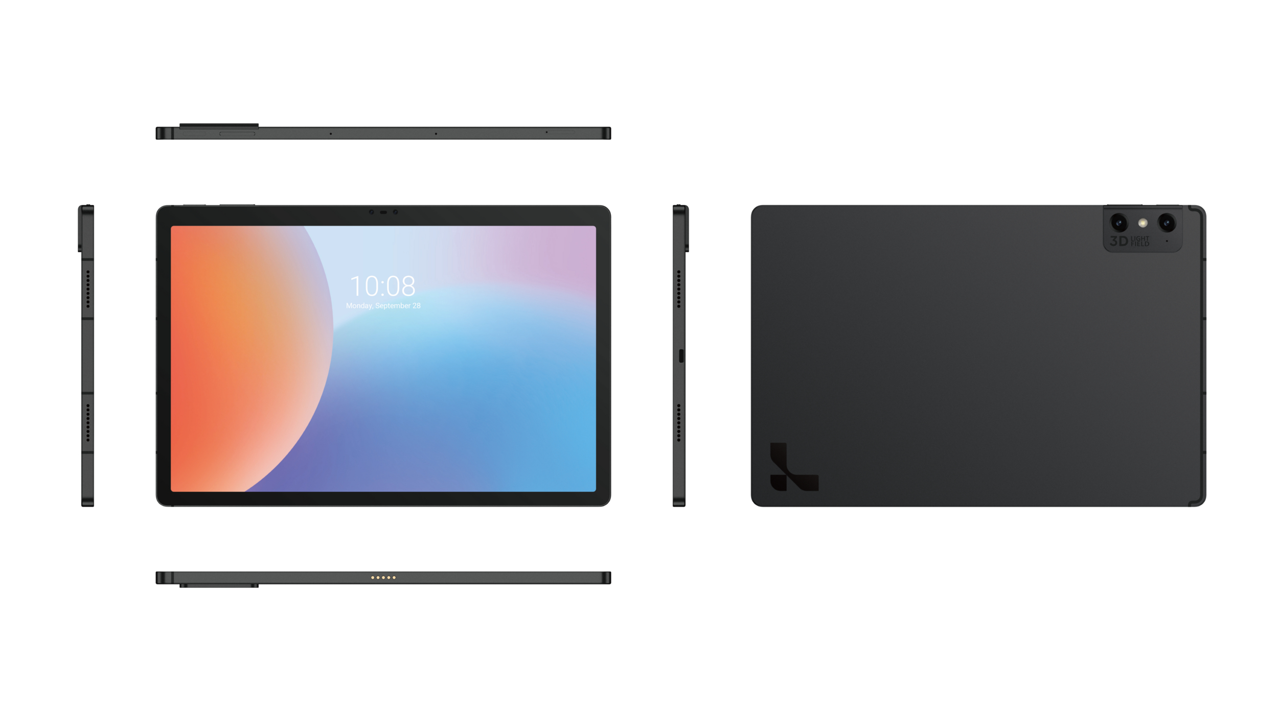 Ein Tablet mit schwarzem Rahmen, die Vorderansicht zeigt einen bunten Bildschirm, die Rückansicht ist schwarz.