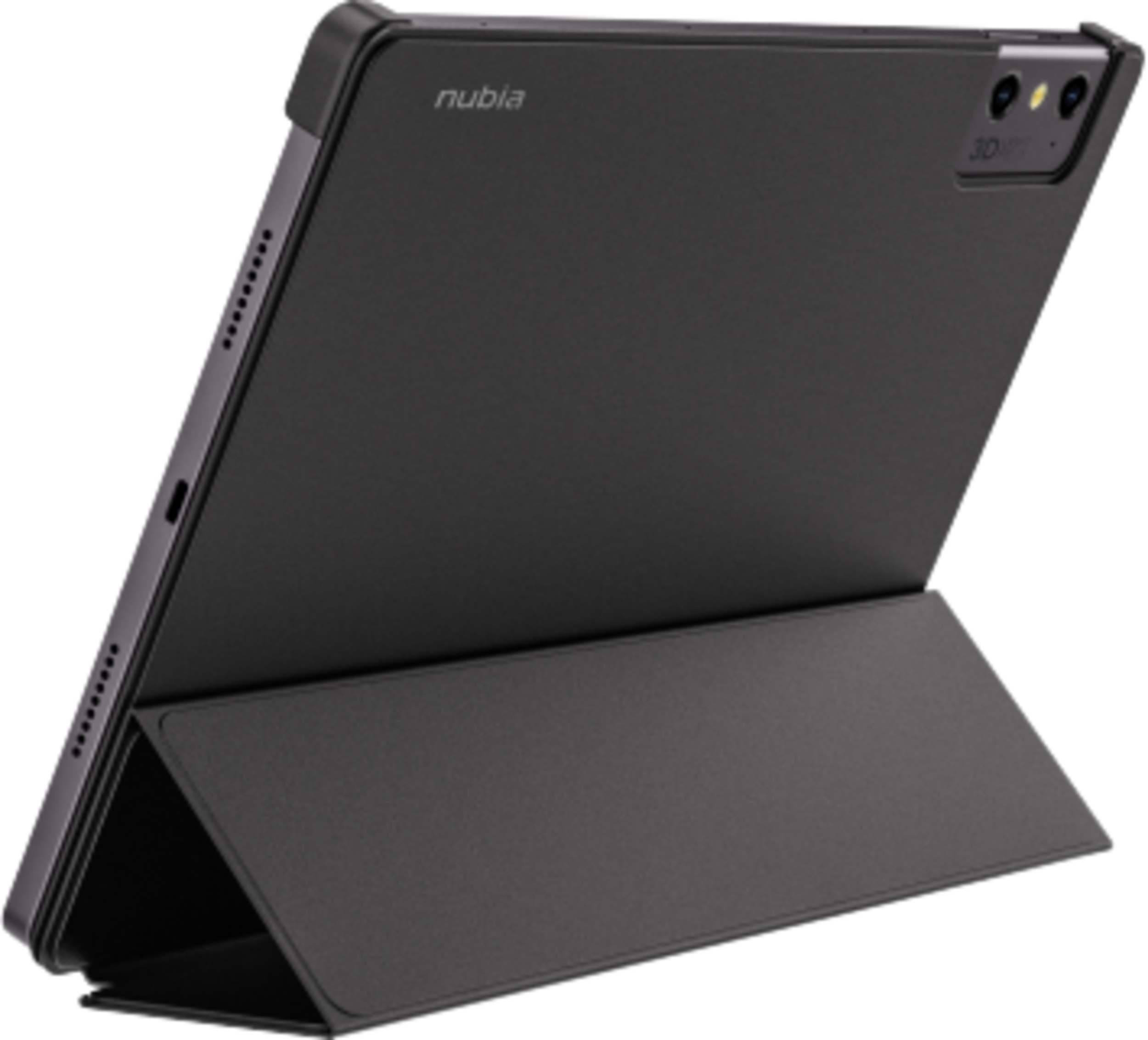 Czarny tablet z okładką jest podparty. Tablet ma podwójne kamery i markę "nubia".