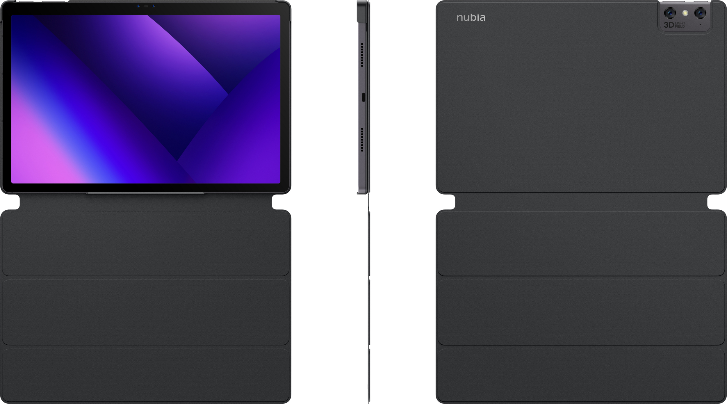 Tablet z fioletowym ekranem i czarną okładką. Z tyłu logo nubia i dwa aparaty. Z boku przyciski.