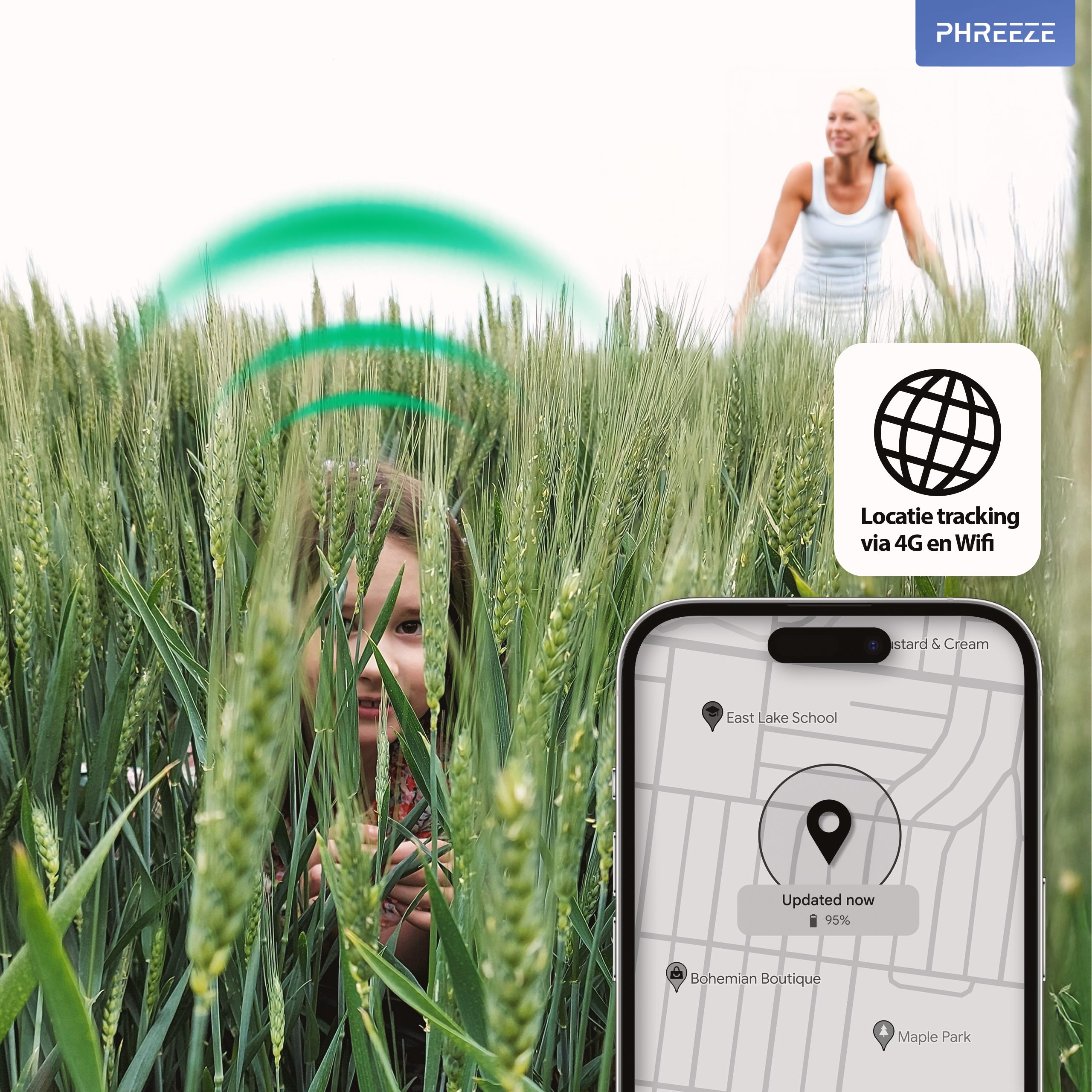 Een meisje kijkt door tarwe. Een telefoon toont een kaart met locatietracking via 4G en wifi. Een vrouw staat op de achtergrond.