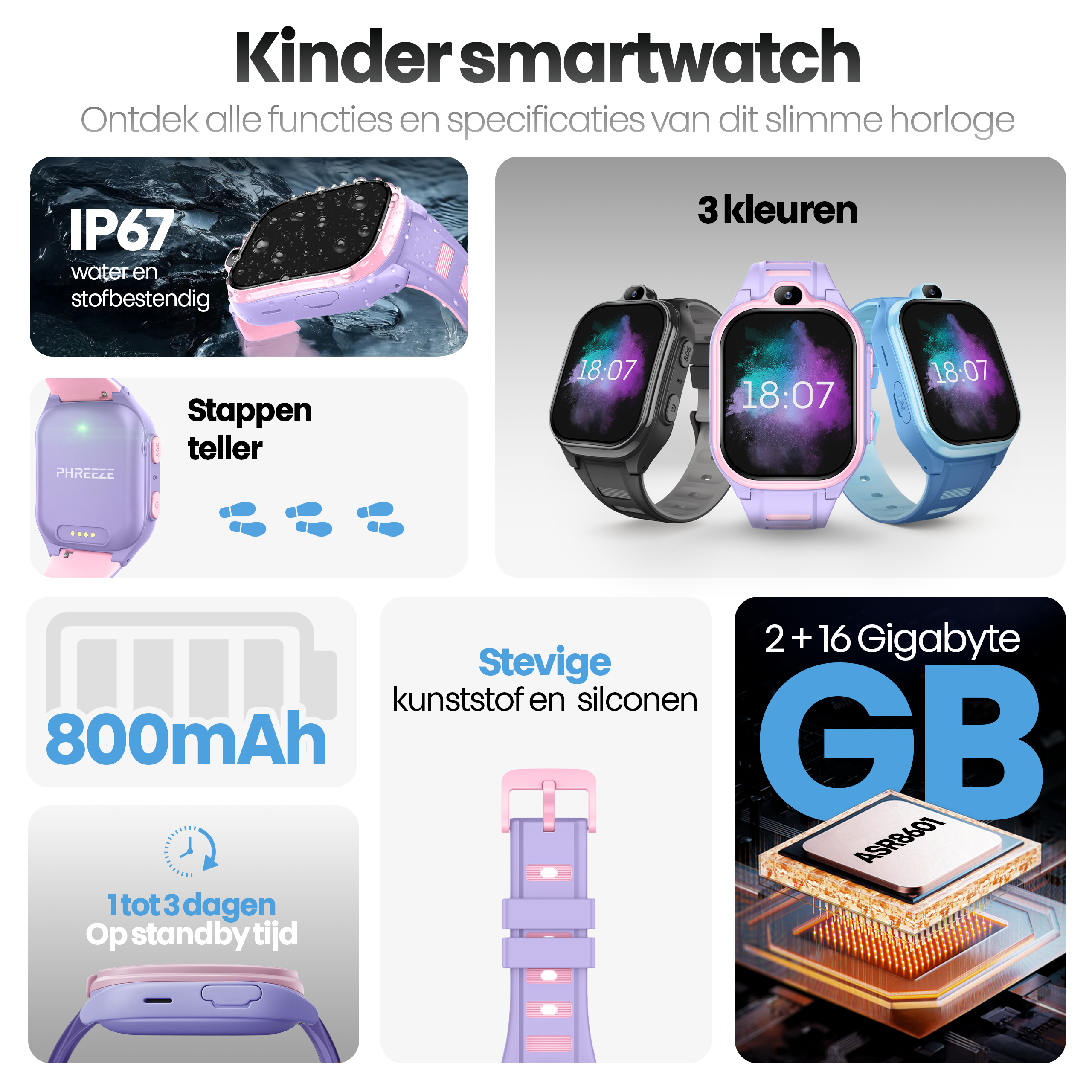 Afbeelding toont een smartwatch met functies zoals IP67, stappenteller, 3 kleuren, 800mAh batterij en 2+16 GB.