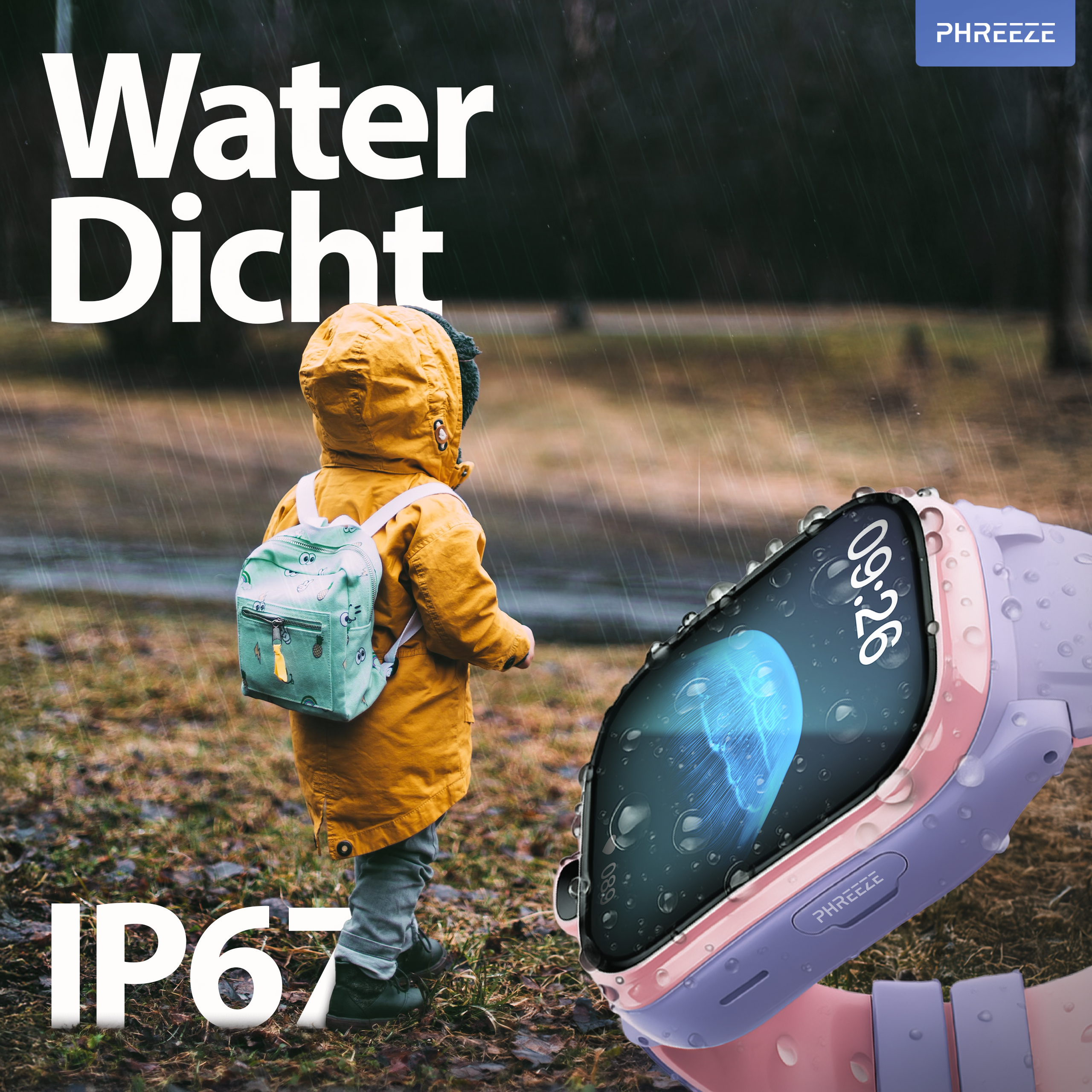 Een kind in gele jas en rugzak in de regen. Een smartwatch toont de tijd. Tekst: 'Water Dicht' en 'IP67'.