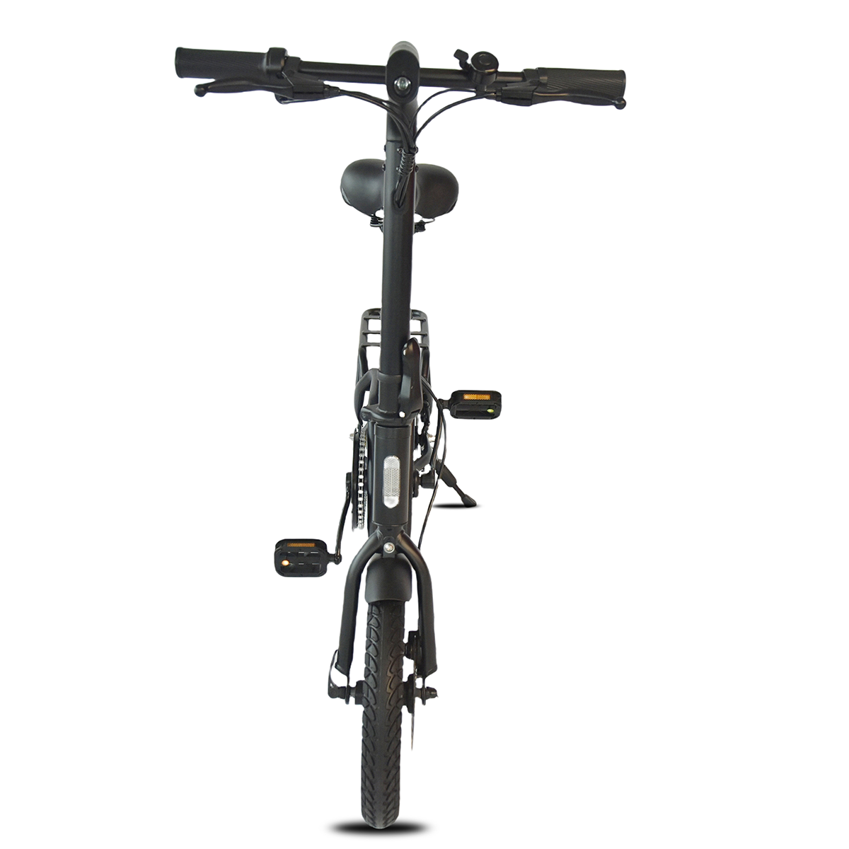 Czarny rower składany na białym tle. Widoczna kierownica, siodełko, pedały i koła.