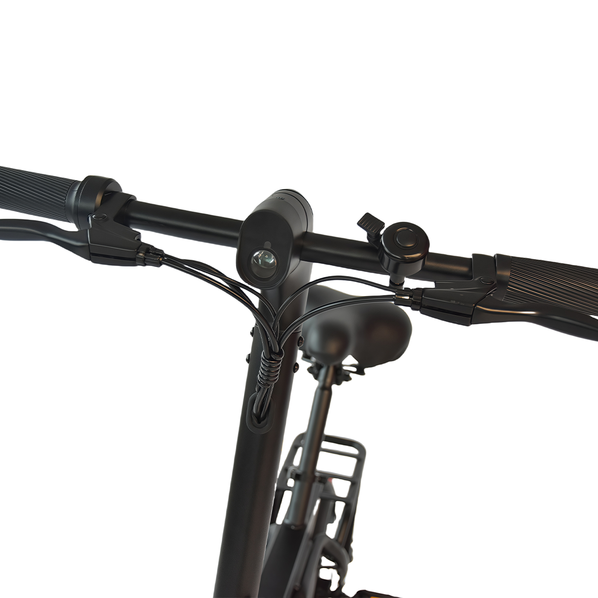 Zbliżenie kierownicy czarnej hulajnogi elektrycznej. Szczegóły obejmują dzwonek, dźwignie hamulca, światło i siedzenie.