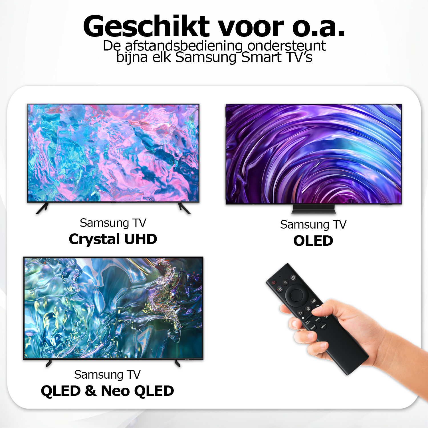 Image shows three Samsung TVs and a remote. Text says remote supports Samsung Smart TVs. Crystal UHD, OLED, and QLED models are shown.