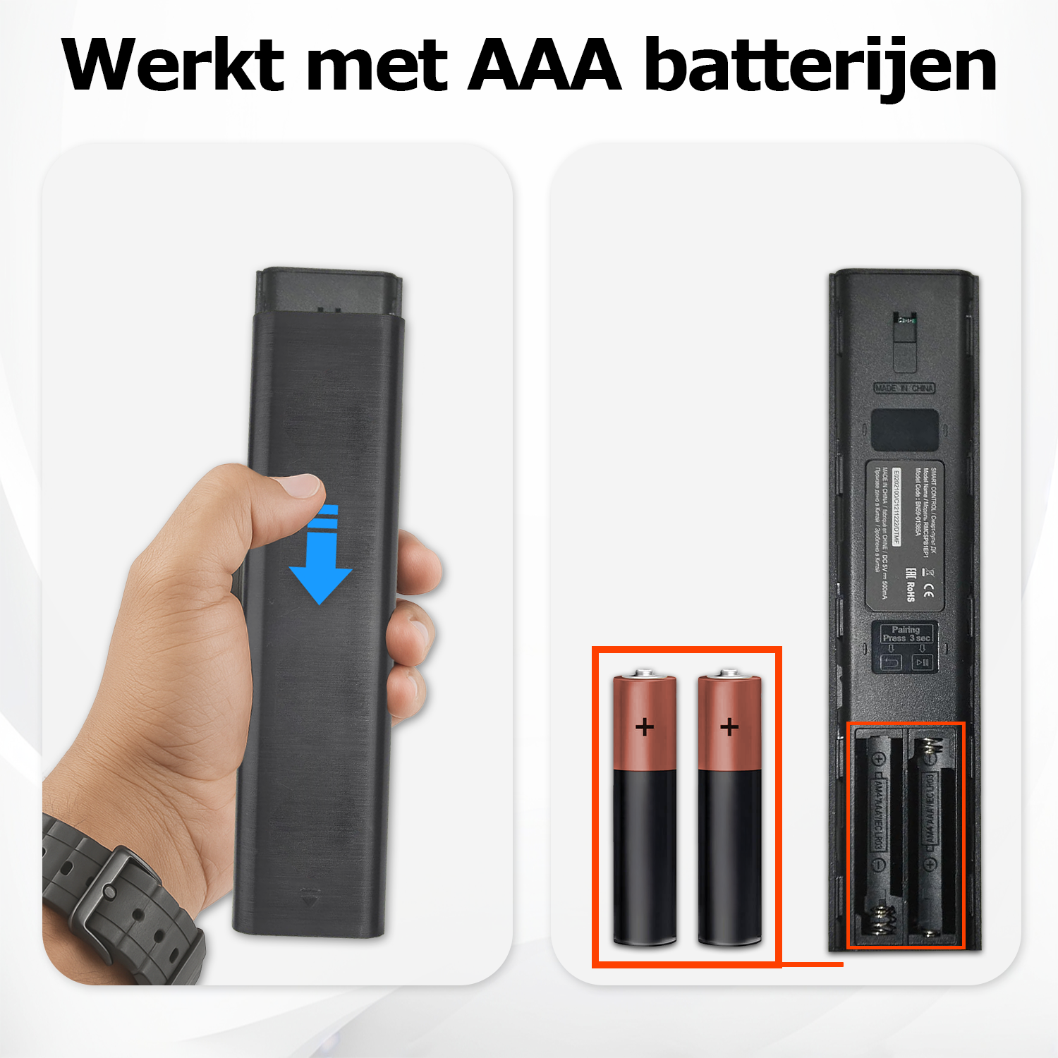A hand holding a black remote. Two AAA batteries are visible. The text says: Works with AAA batteries.