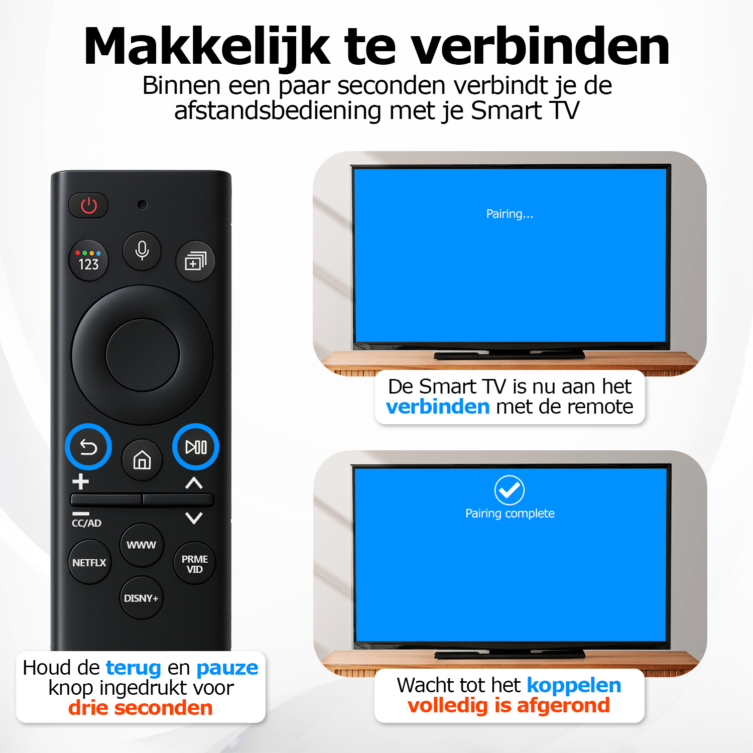A remote control is shown with a TV. Instructions on pairing are displayed. The TV screen shows pairing in progress.